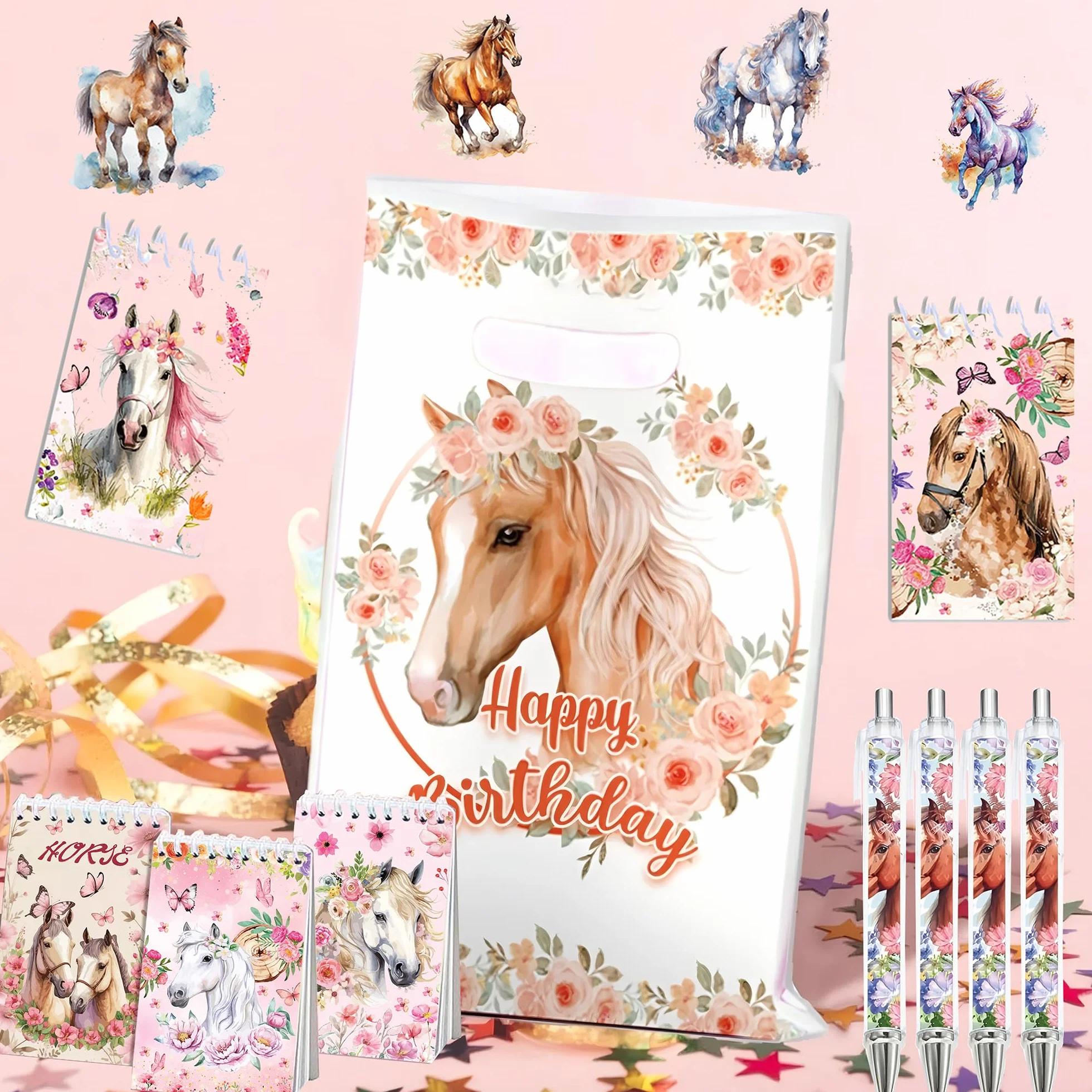 Ensemble de papeterie à thème cheval 86 pièces avec stylos, carnets, autocollants et sacs cadeaux