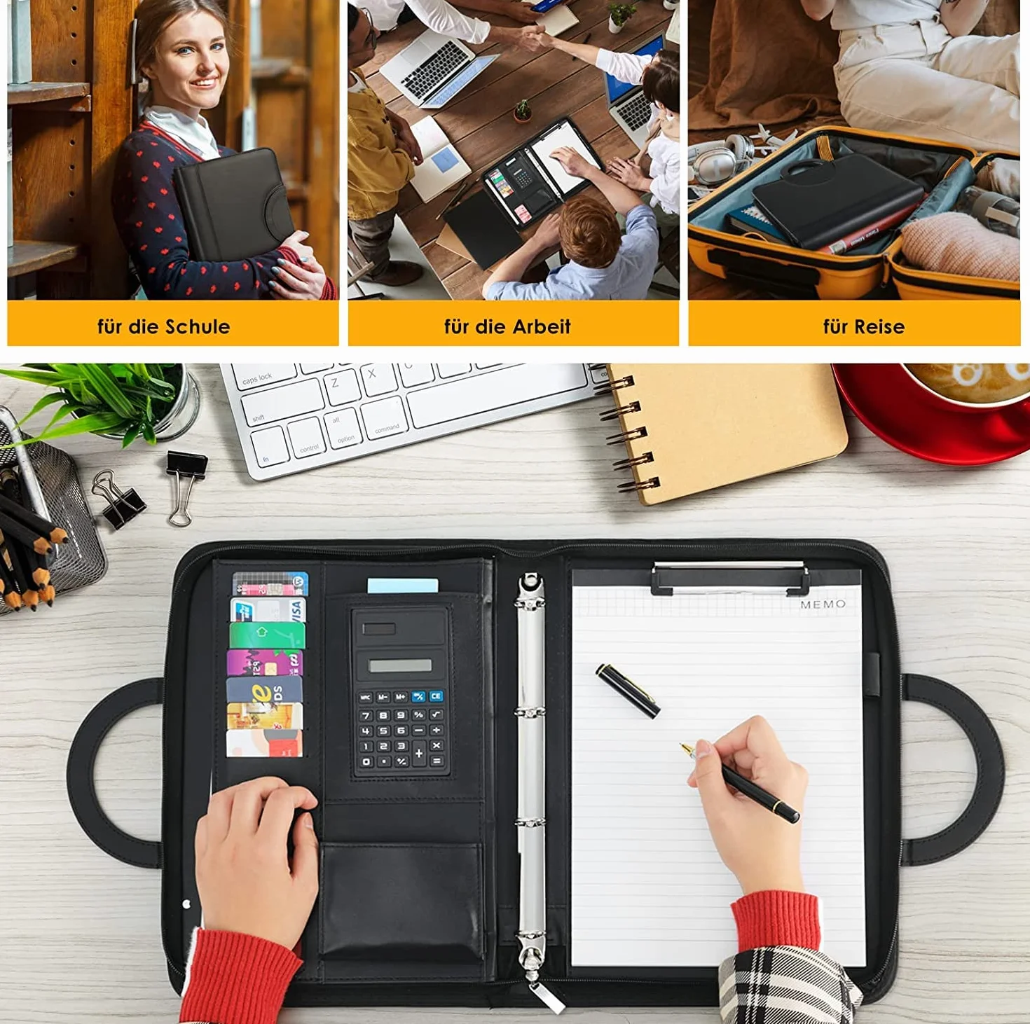 Porte-Document A4 Cuir avec Fermeture Éclair Étanche Classeur à Anneaux Noir