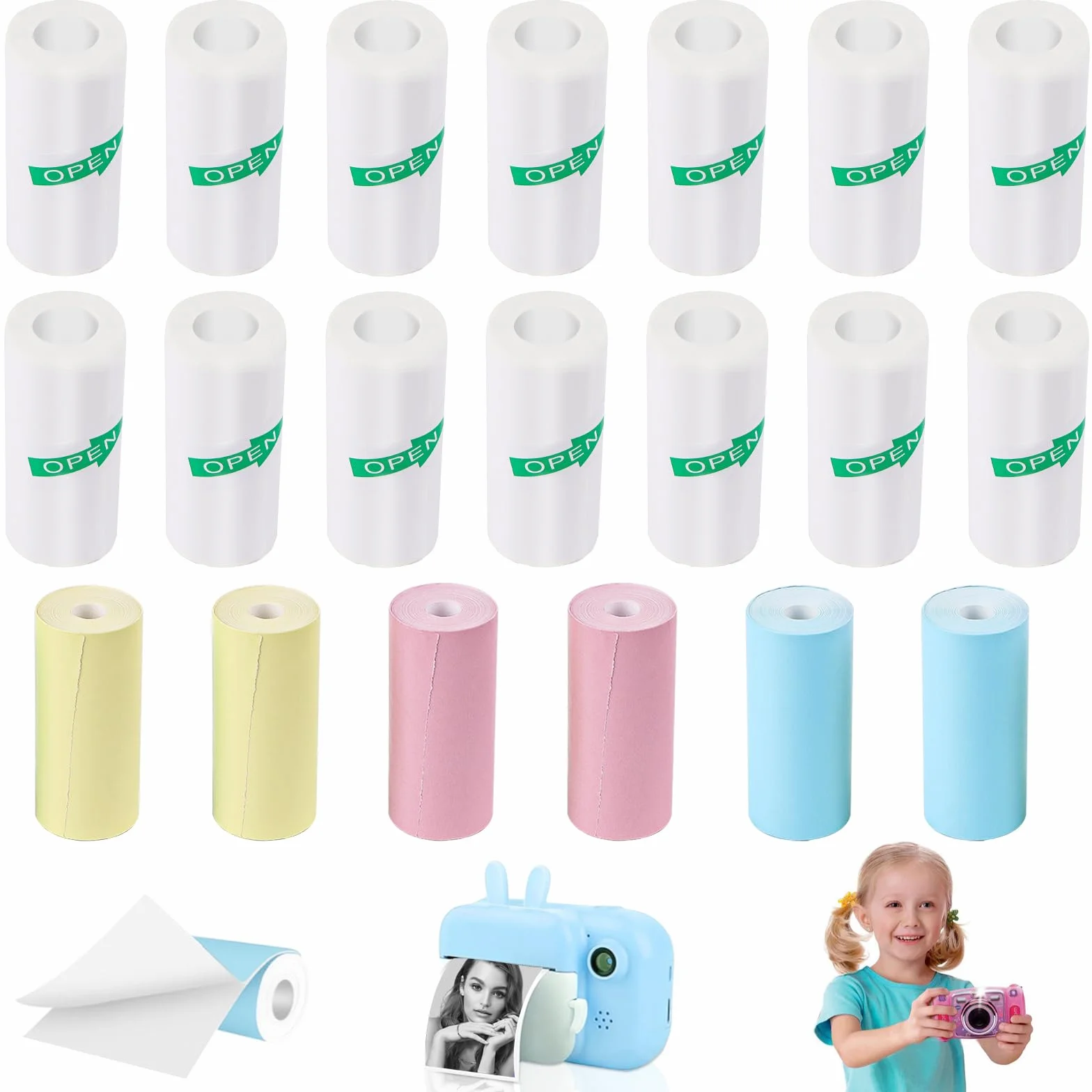 Lot de 20 rouleaux d'autocollants pour mini imprimante, papier thermique blanc et multicolore pour appareil photo enfant
