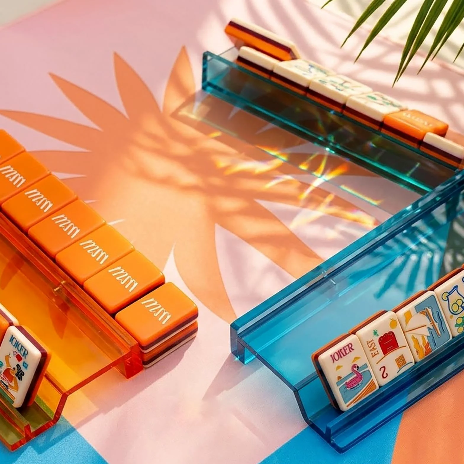 Ensemble de Mahjong américain, tuiles Tropicales numérotées avec Supports | Ensemble de Mahjong en acrylique, 1,5x1x0,5 en jeu de fête