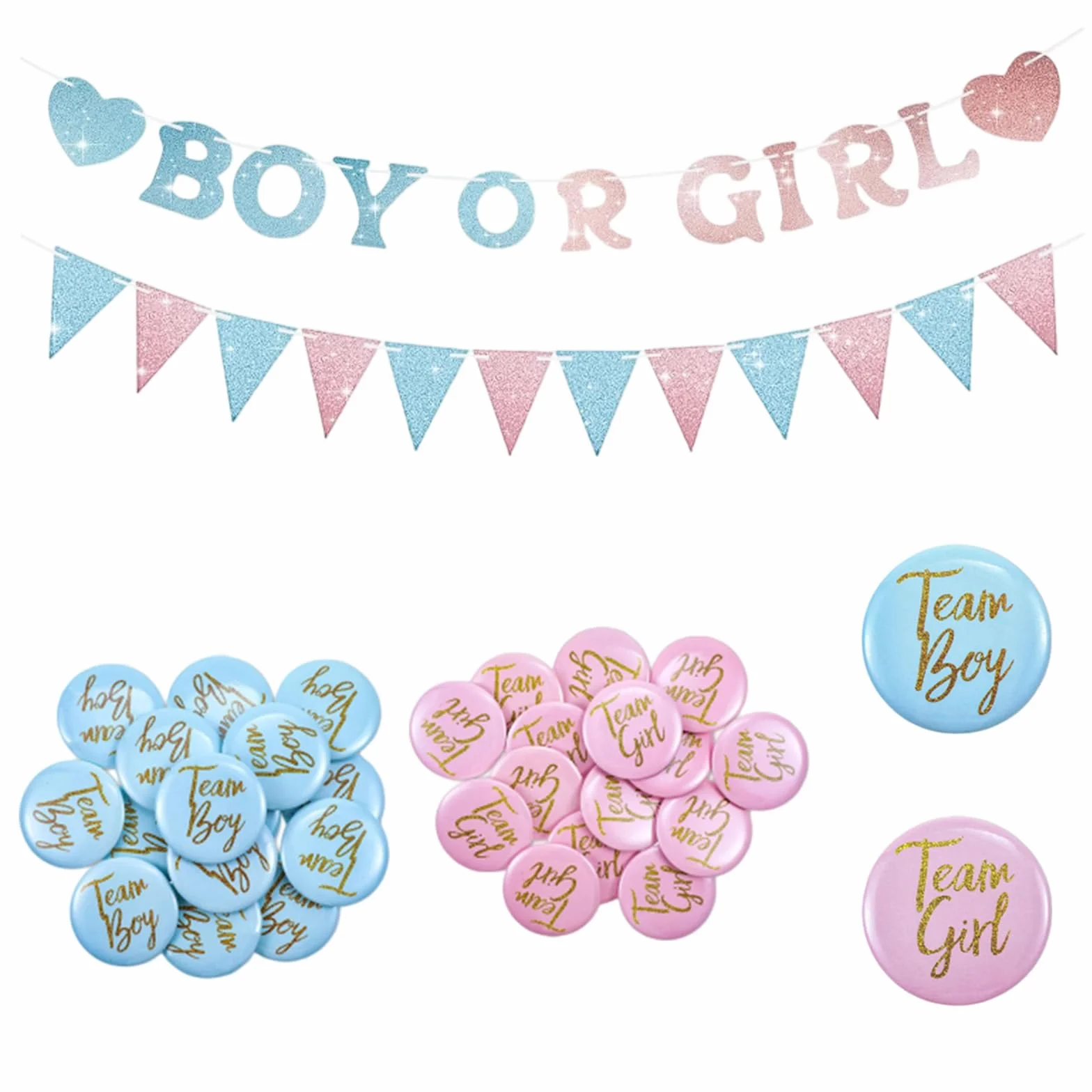 Guirlande Gender Reveal 3 m avec Fanions Cœurs 30 Badges Team Boy Girl Décor Rose Bleu Brillant Baby Shower