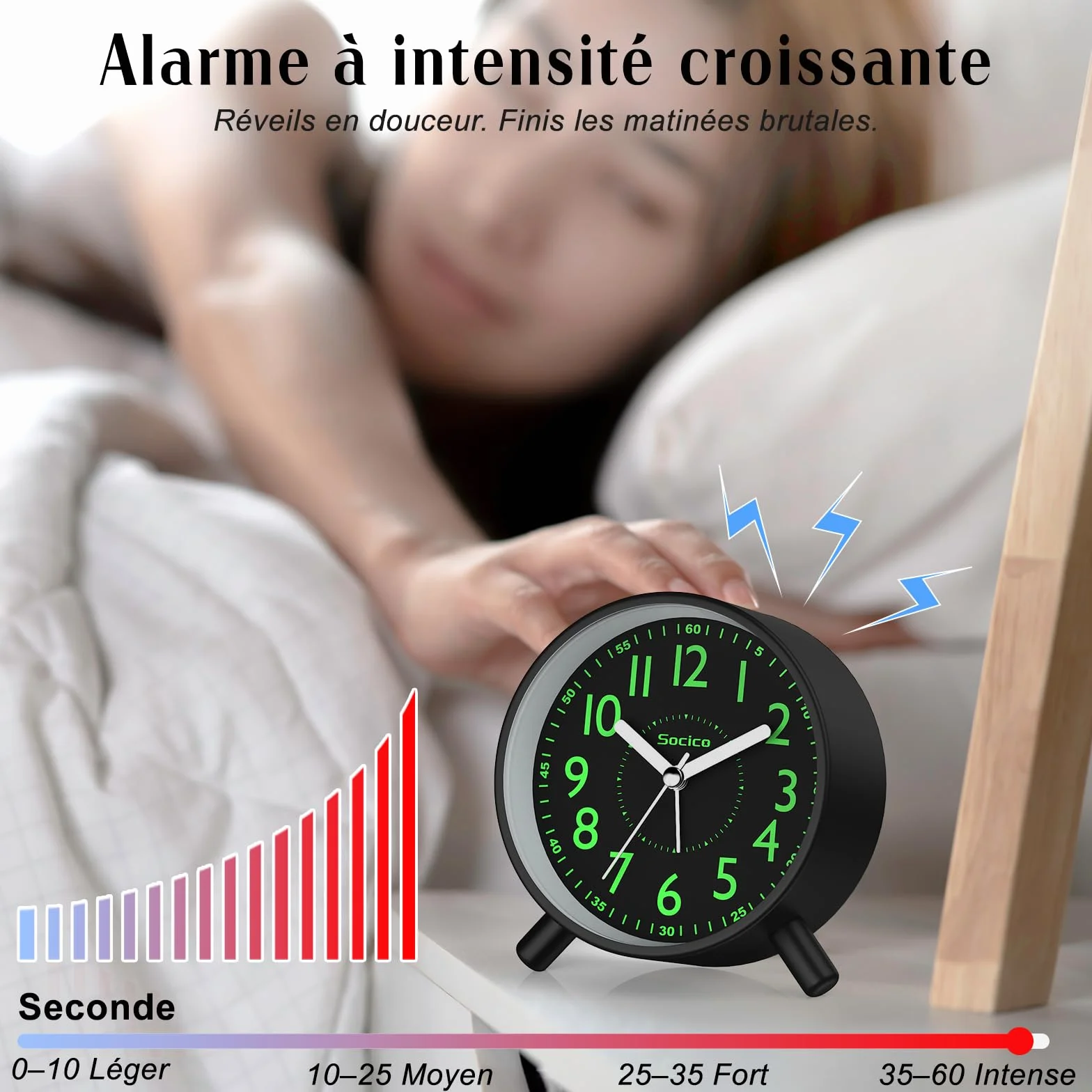 SOCICO Réveil Analogique Horloge de Chevet Rétro Ronde Métal Piles Veilleuse Fonction Snooze Noir