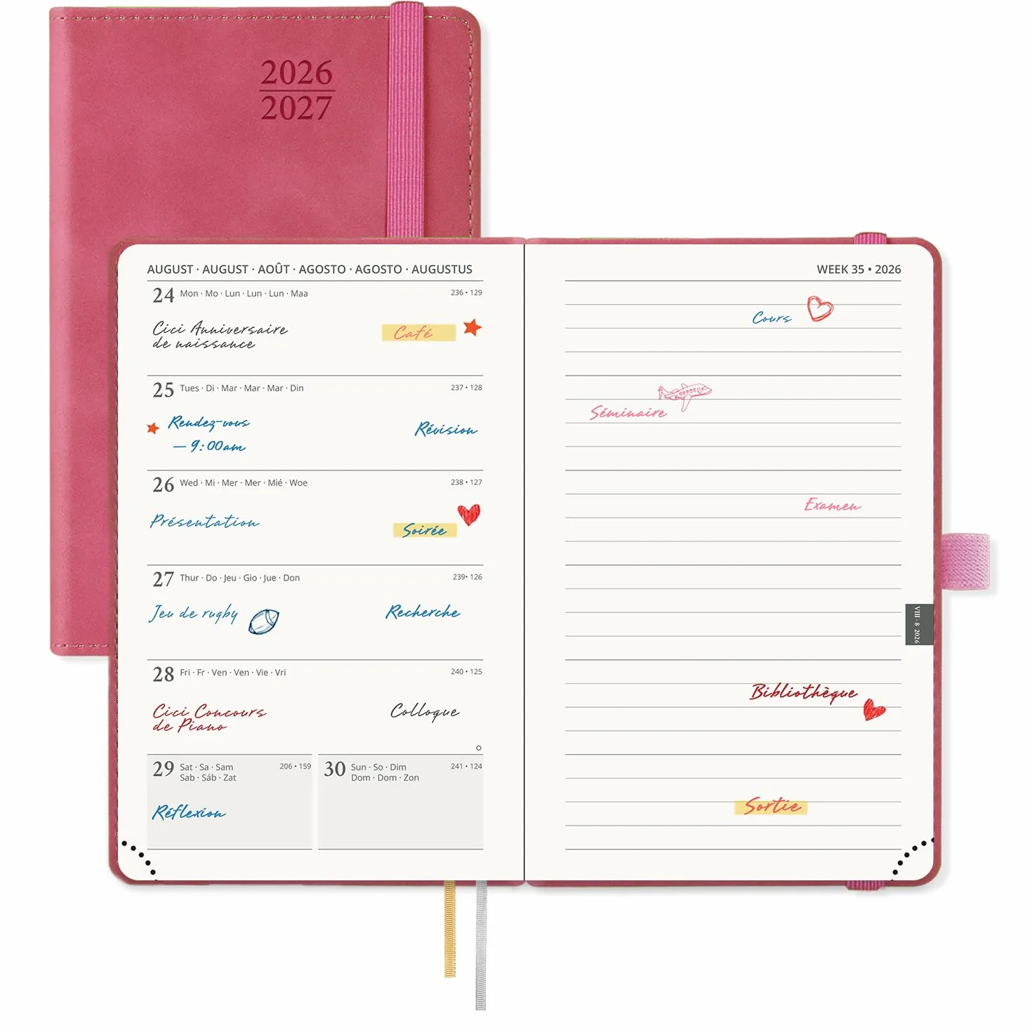 POPRUN Agenda De poche 2026 2027 A6 Semainier 16 x 10,5 cm Couverture Souple PU Cuir Papier 80g/m² Magenta