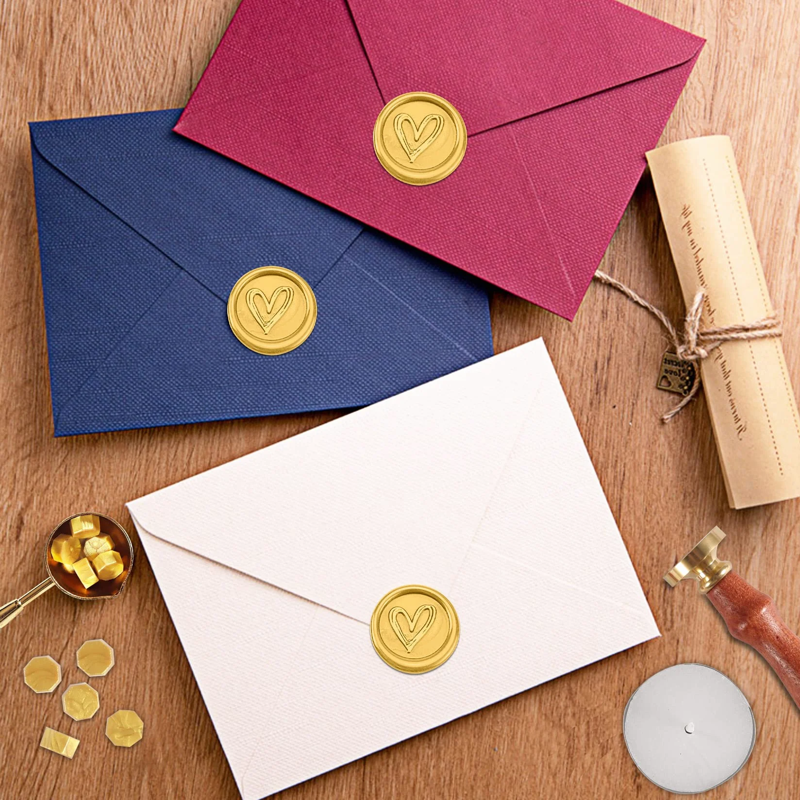 Lot de 200 Perles de Cire à Cacheter avec Cachet, Cuillère et Bougies - Doré Cœur
