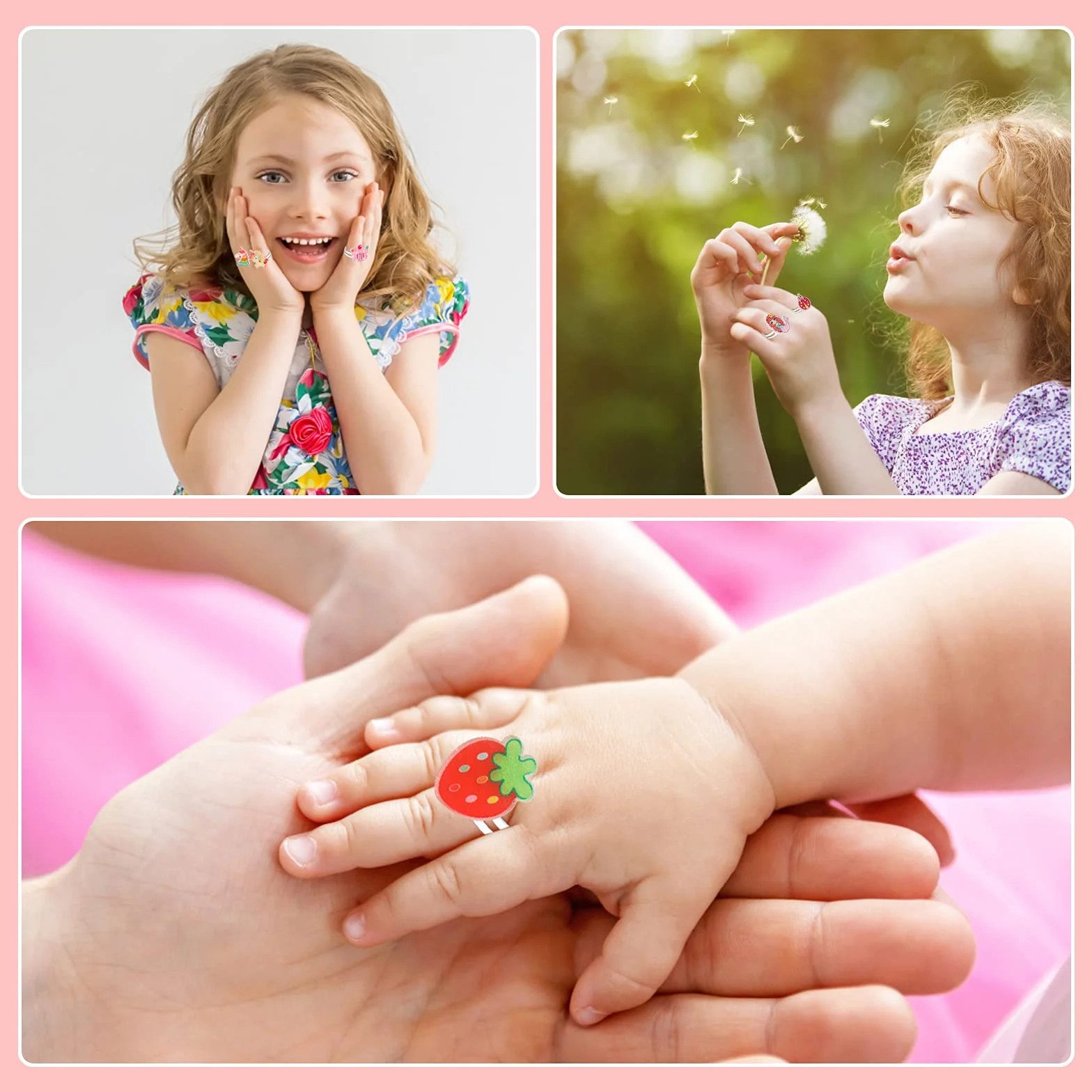 HIFOT 16 Pièces Bagues Réglables pour Enfants avec Boîte Coeur Rose, Kit Bijoux Princesse