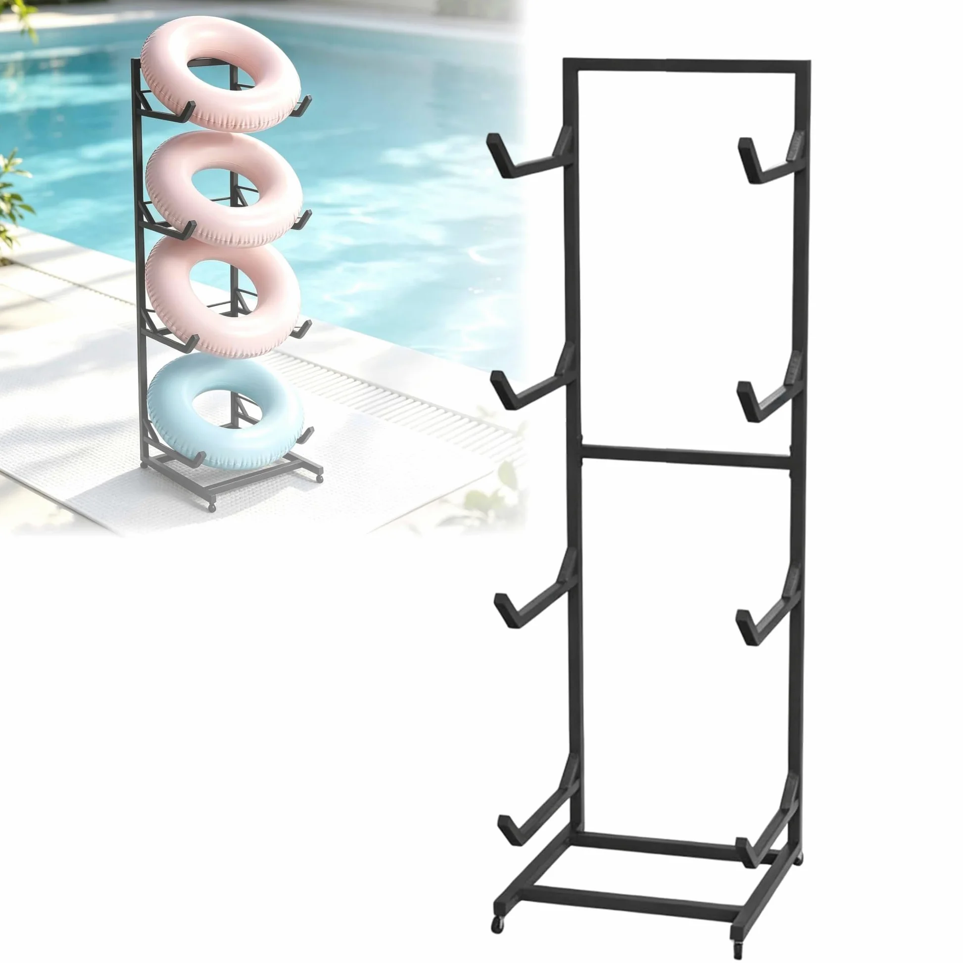 Organisateur de piscine pour bouées et jouets, support de rangement pour bouées et flotteurs, porte-serviettes à roulettes pour garage, balcon, piscine, terrasse, plage (noir, 60*50*170cm)