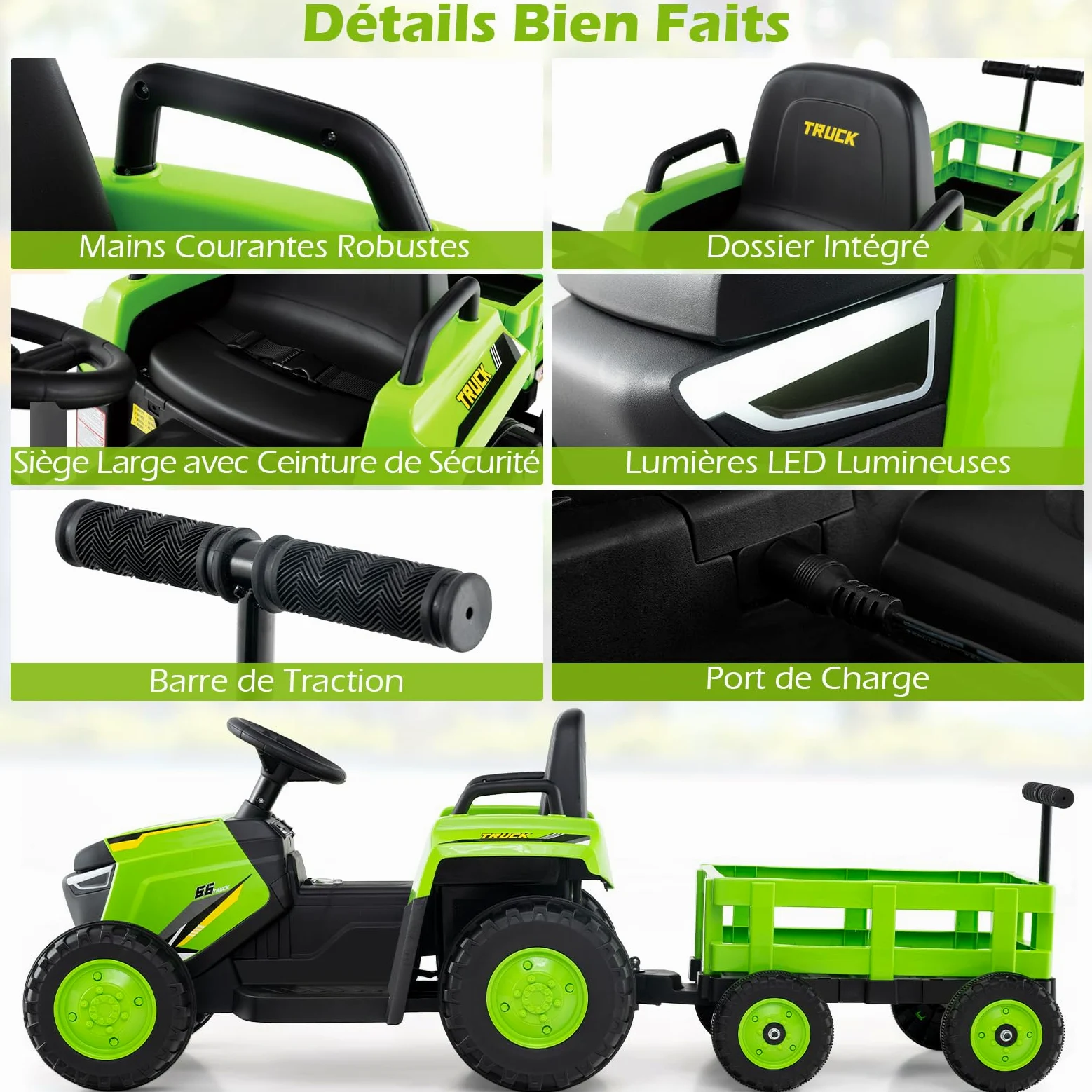 COSTWAY 12V Tracteur Électrique Enfant avec Remorque Amovible, Voiture Électrique Enfant avec Télécommande & Phares LED, Klaxon, Musique, 1,6-4 km/h, Charge 30 kg pour 37-95 Mois (Vert)