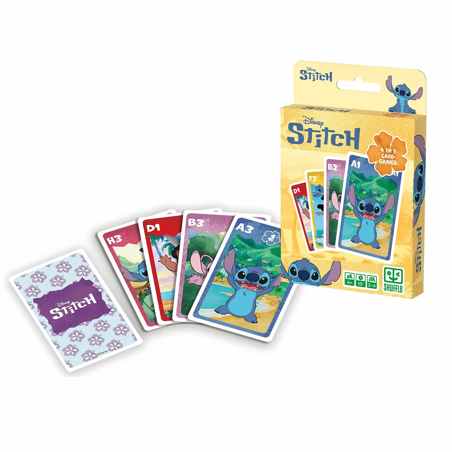 Shuffle Jeu de Cartes 4 en 1 Stitch - 7 Familles, Bataille, Mémo et Action - Disney Lilo & Stitch pour Enfants dès 4 Ans