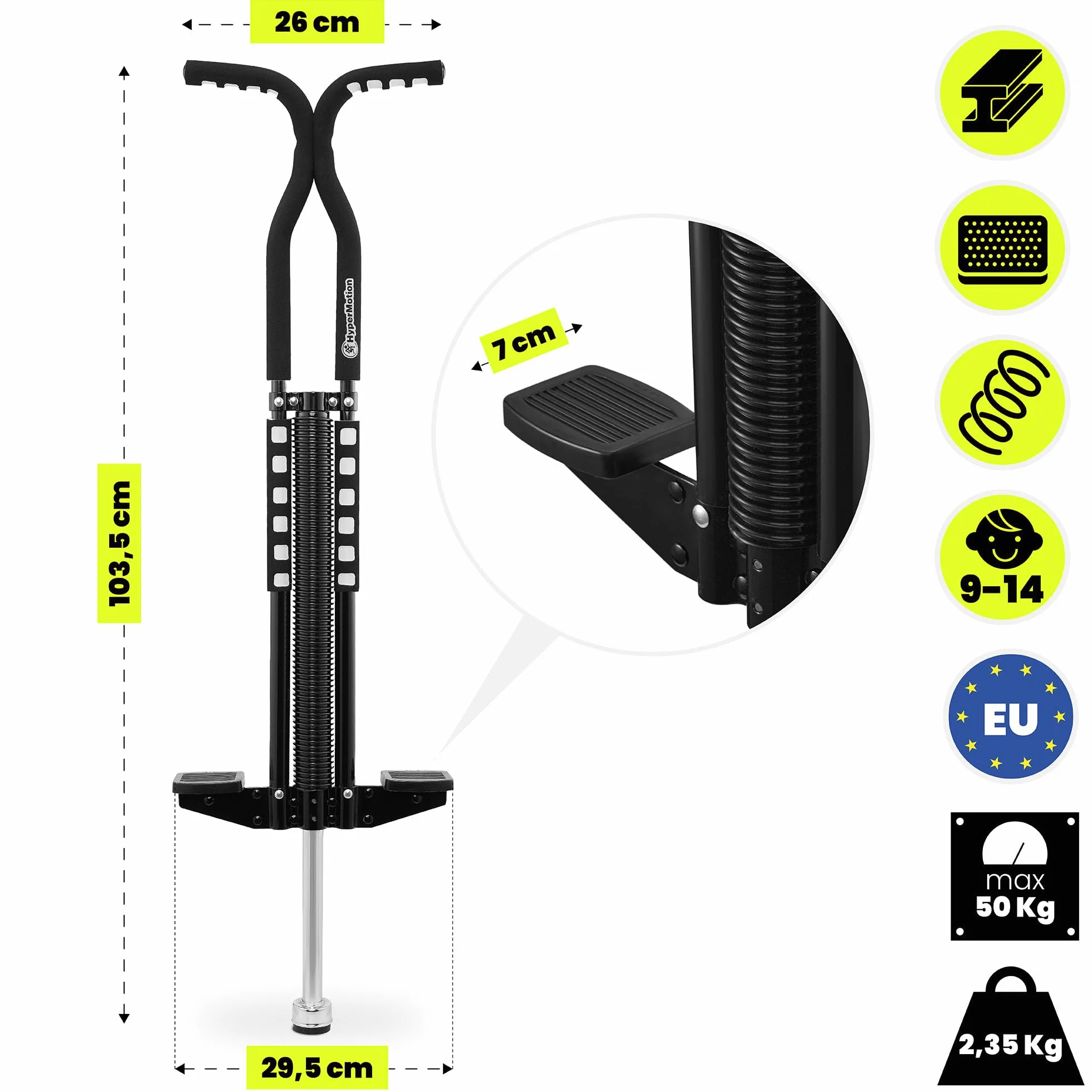 HyperMotion POGO Bâton Sauteur Jeunes 9-14 Ans Appareil Entraînement 50 kg Structure Légère 2,35 kg Mécanisme Ressort Noir