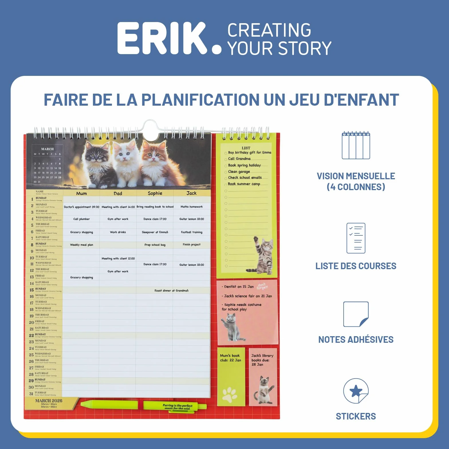 Calendrier Chats 2025 2026 16 mois Planificateur Mensuel Familial Grupo Erik