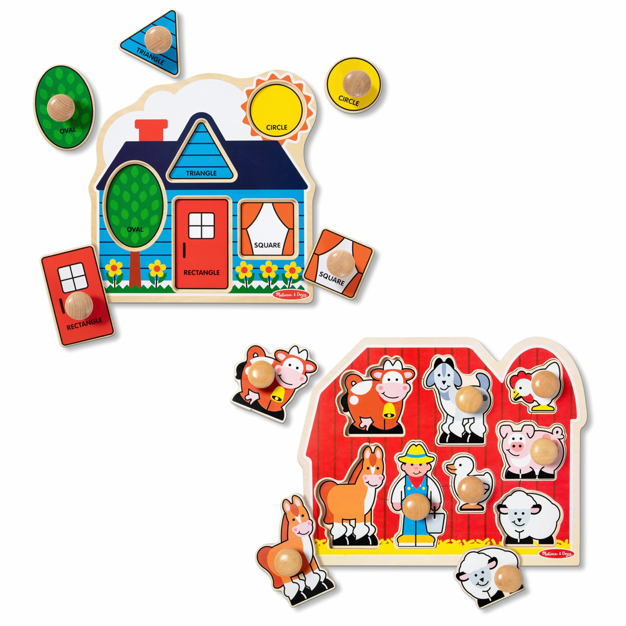 Melissa & Doug Lot de 2 Puzzles à Grandes Chevilles en Bois pour Les bébés, Les Petits garçons et Les Petites Filles - Grande Ferme, Premières Formes