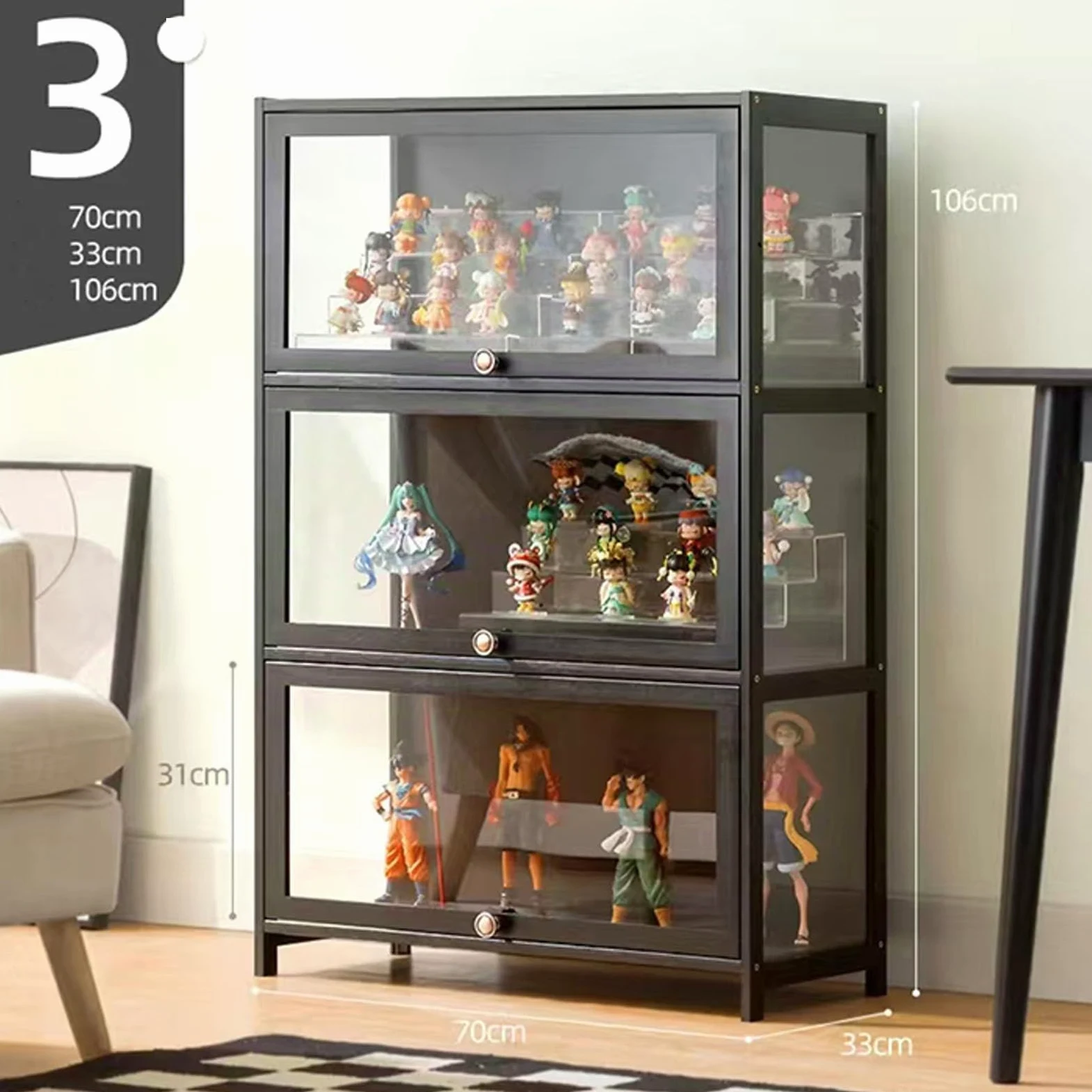 Vitrine de Collection, Vitrine de Collection Acrylique,Résistant à La Poussière, Cadre en Bambou Naturel, Idéal pour la Maison et Le Bureau (Black, 3-floors-70cm)