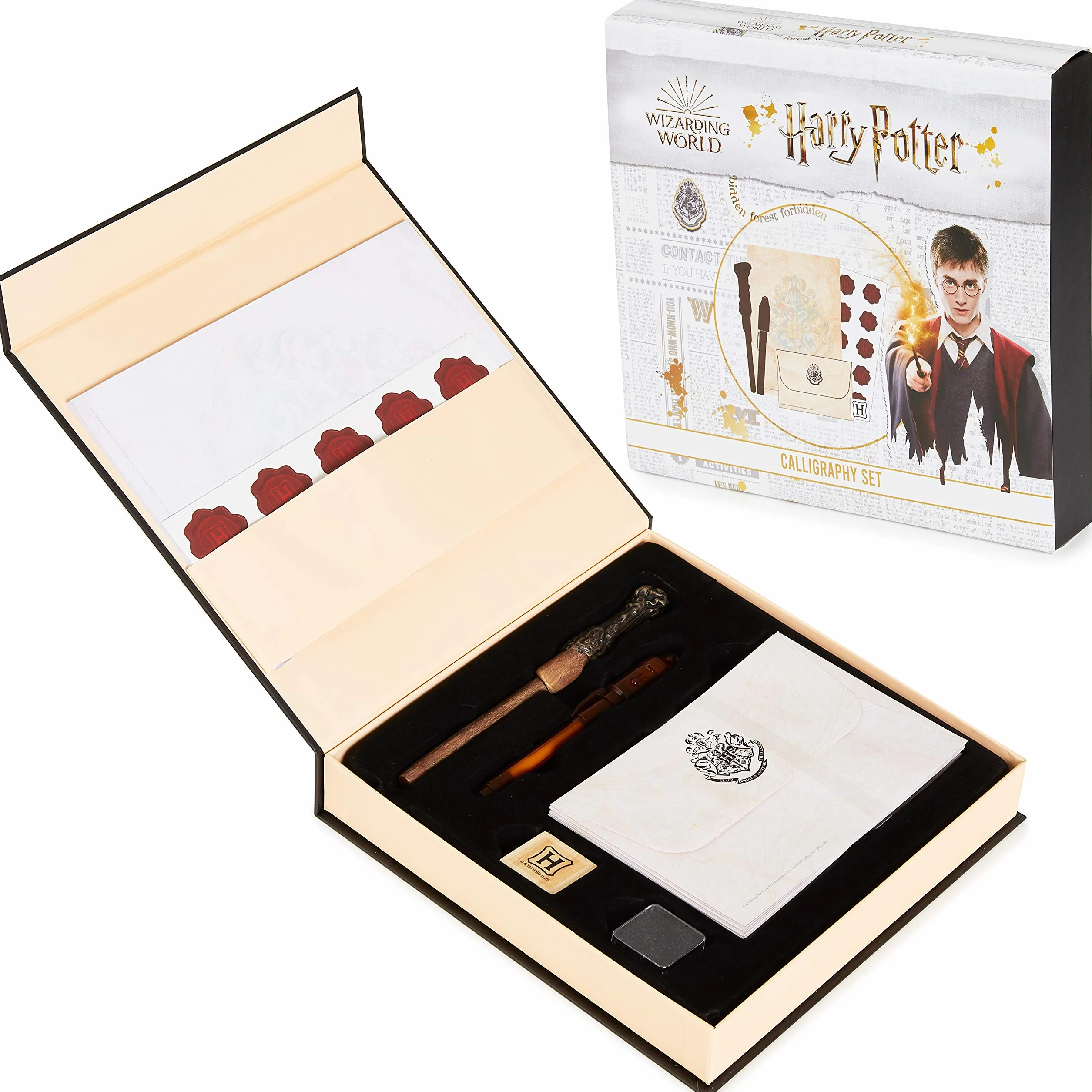 Harry Potter Coffret Papier à Lettre Poudlard Stylo Baguette Magique Bloc Note Enveloppes Stickers Sceau Tampon