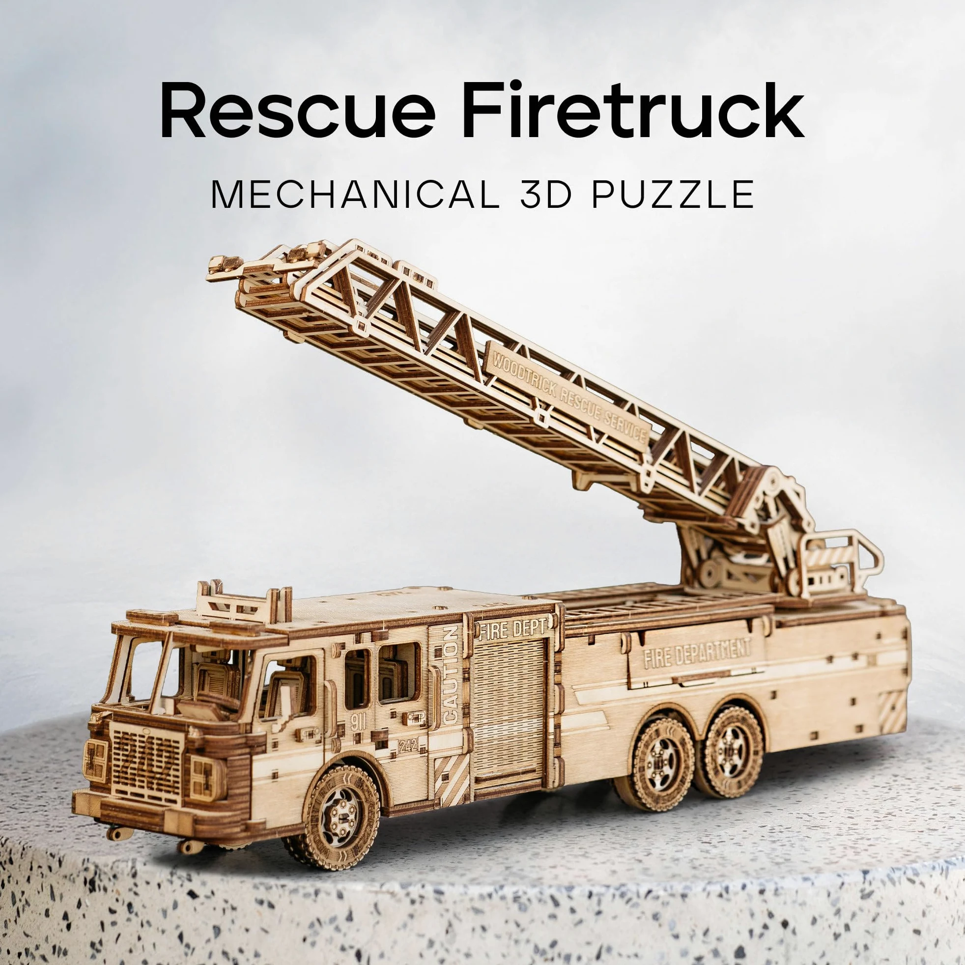 Wood Trick Rescue Firetruck Puzzle 3D en Bois pour Adultes à Construire | [636 Pièces] Roule sur 6,1 m - Kit de Maquette Mécanique de Locomotive en Bois DIY à Construire pour Adultes