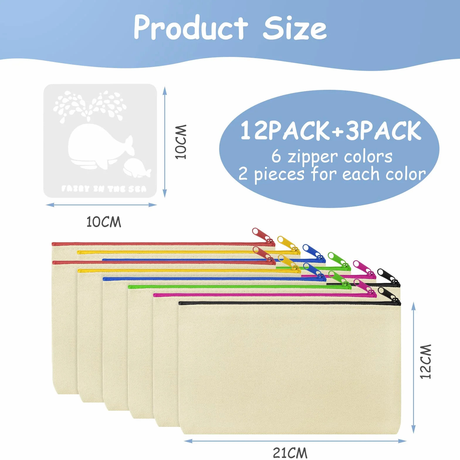 Vicloon Pochette Tissu Zippée 12pcs Trousse de Maquillage en Toile Personnalisable 21x12cm Beige