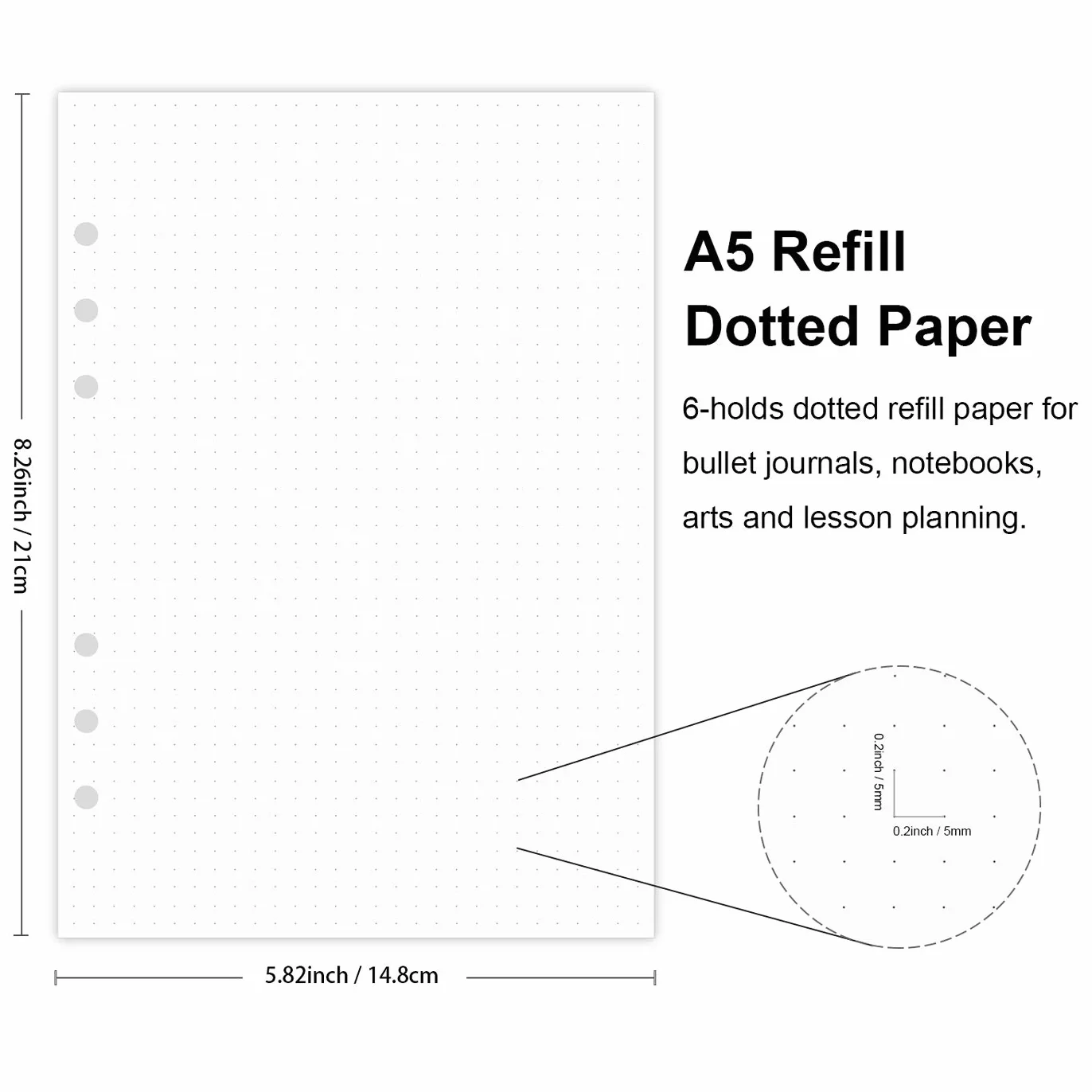 Recharges papier A5 pointillés 100 g/m² 300 feuilles 600 pages 6 trous 14 x 20 cm blanc Filofax