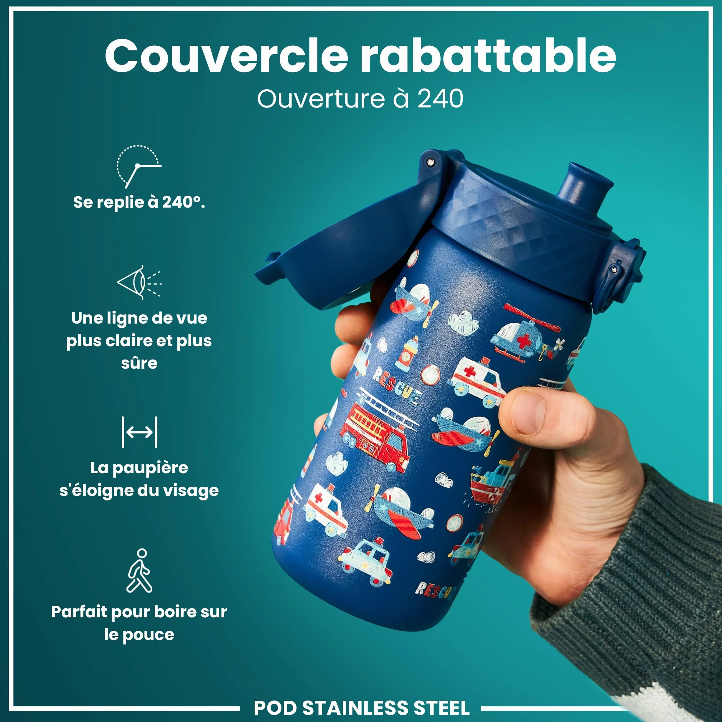 Ion8 Gourde Enfant Inox 400ml Anti-Fuite Acier Inoxydable Véhicules De Secours