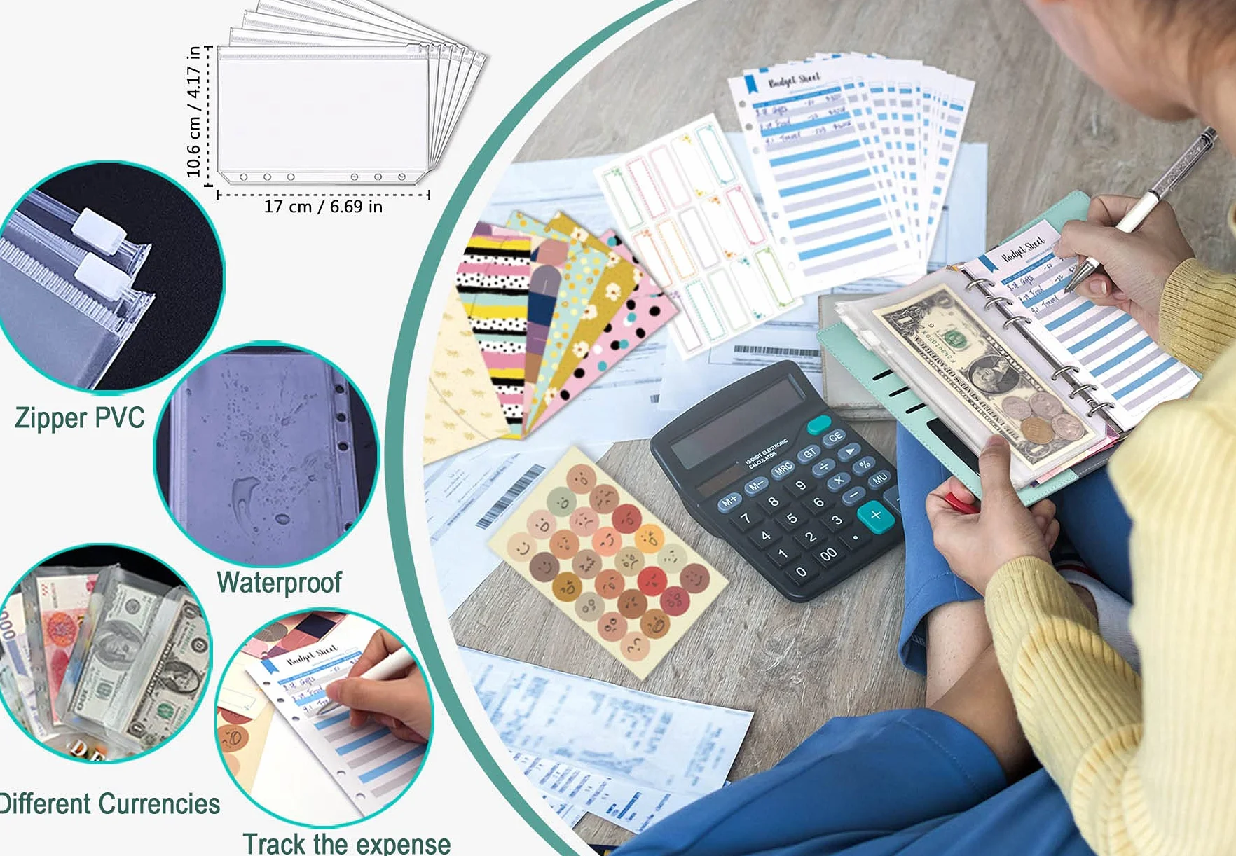 Ginmlyda Enveloppe Budget Planner Francais Cash 6 Pochettes PVC 6 Enveloppes Classeur 12 Tableaux 2 Autocollants Stylos Bleu