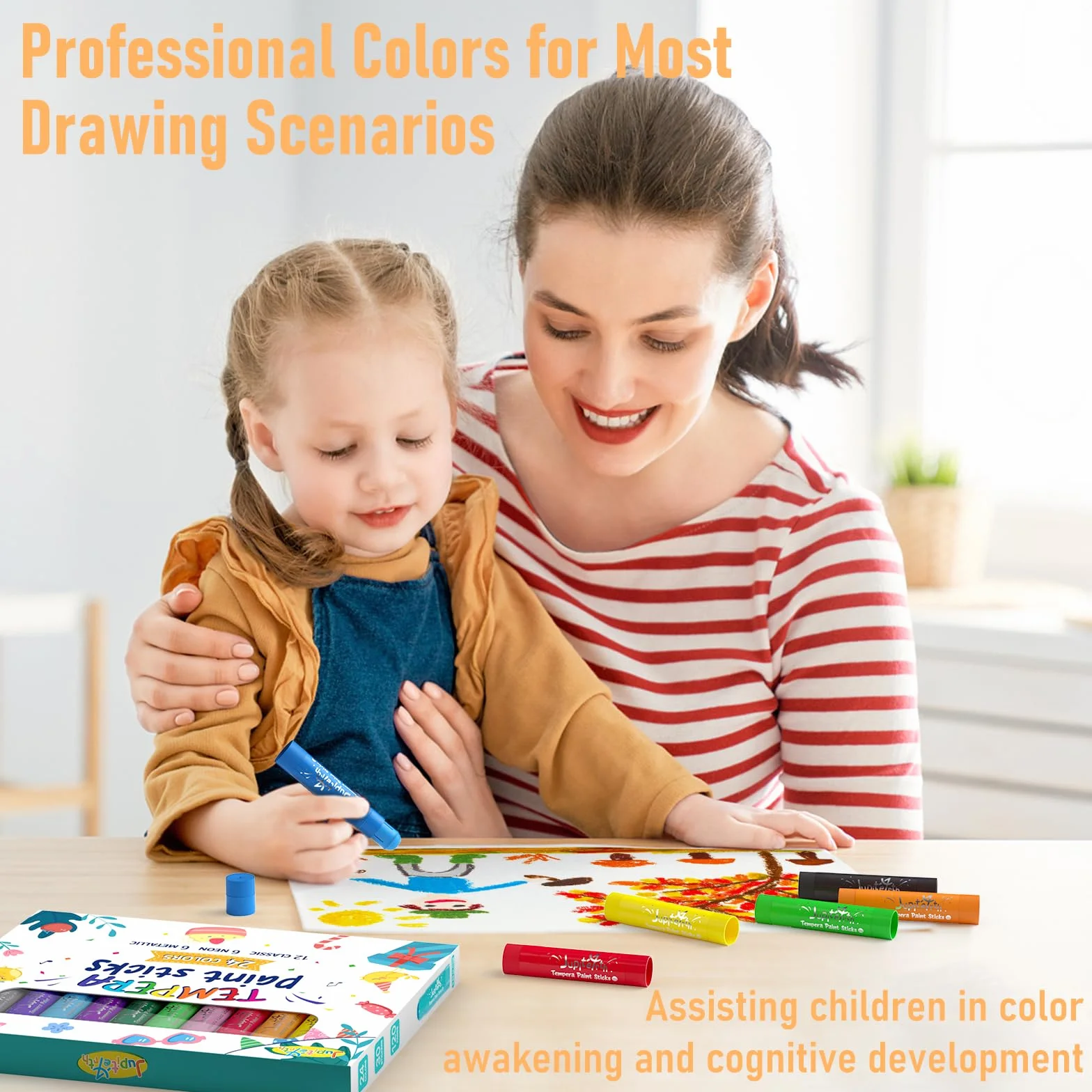 JUPITEARTH Bâtons de peinture à tempera 24 couleurs avec 120 pages coloriage PDF et 30 autocollants, peinture séchage rapide non toxique lavable pour enfants