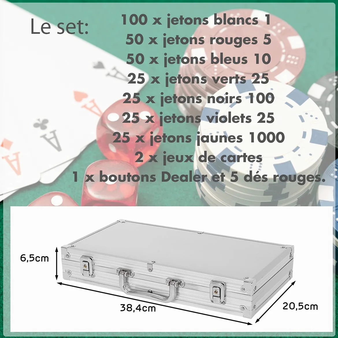 RELAX4LIFE Mallette de Poker 300 Jetons avec Adhésifs Brillants à Laser, Poids Jeton 11,5g, Jeu Complet avec 2 Jeux de Cartes, 1 Boutons Dealer, 5 Dés Rouges, Mallette Noir/Argenté (Argent)