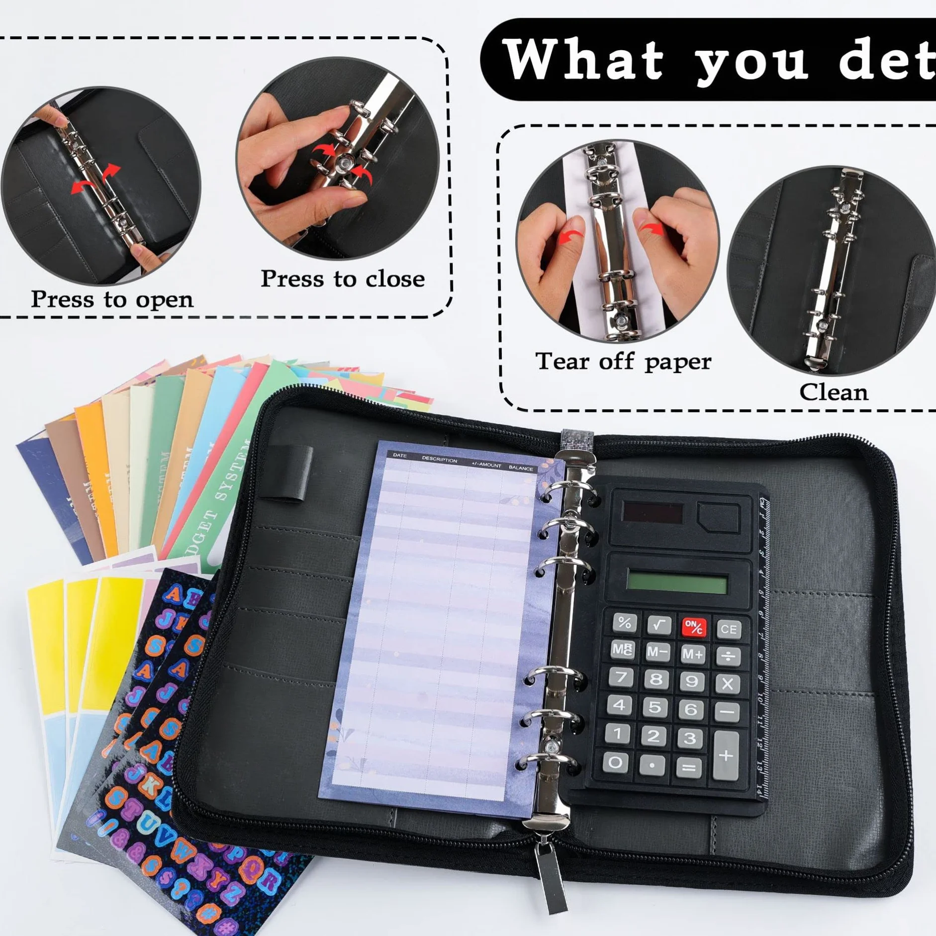 Classeur de budget A6 avec fermeture à glissière, organiseur d'argent, 4 pochettes PVC, enveloppes 12 couleurs, mini-calculatrice (Bleu)