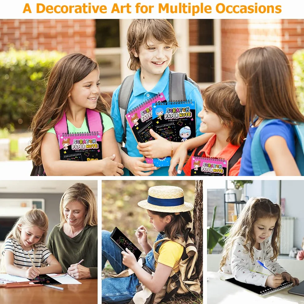 OFFCUP Carte à Gratter 2 Pack Scratch Art Notes Dessin pour Enfant avec 4 Règles de Gabarit et 4 Stylets en Bois 14x20cm