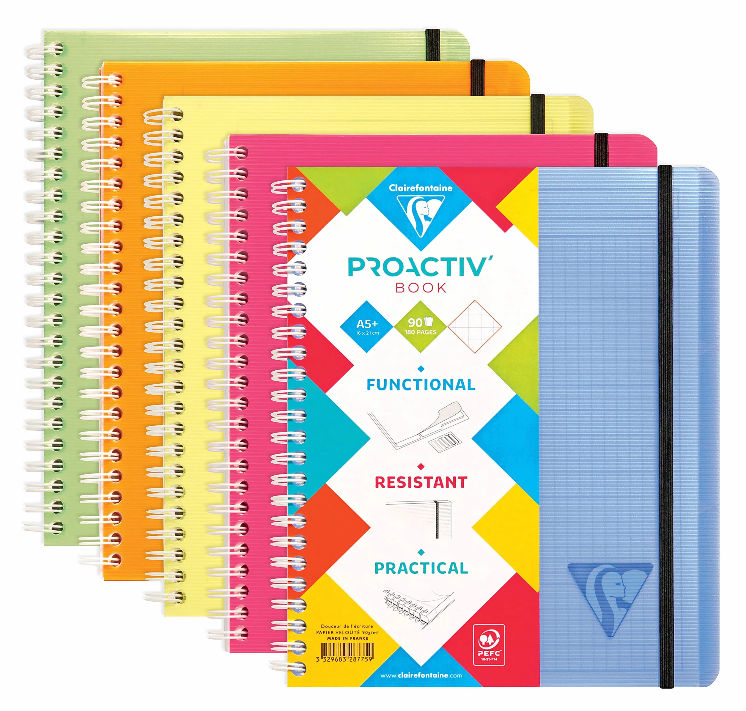 Clairefontaine Linicolor Fresh Proactiv'Book Cahier-Trieur à Spirale A5+ 16x21 cm 180 Pages Détachables Petits Carreaux Cadrées Papier Blanc 90 g Couverture Polypro