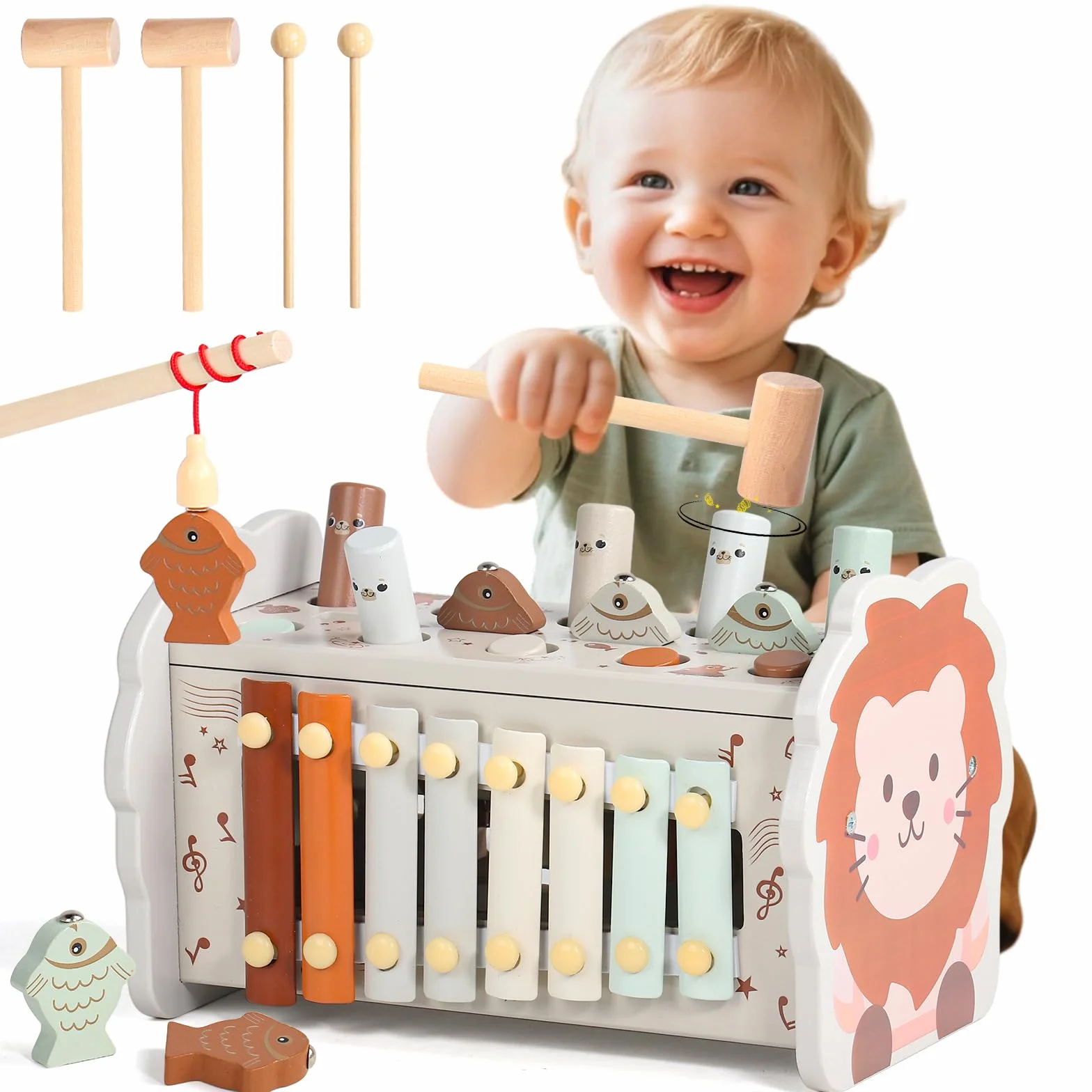 Jouet Montessori 1 an 4 en 1 Tape-Taupe Xylophone Bebe Pêche Labyrinthe Bois Educatif