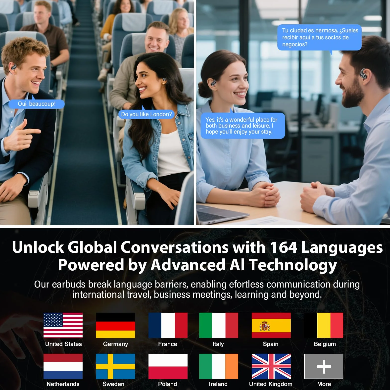 AI Écouteur Traducteur Instantané 164 Langues, Conduction Osseuse Intelligent Ambiant, IPX7 Étanche, 60H Autonomie, 4 en 1 Open-Ear