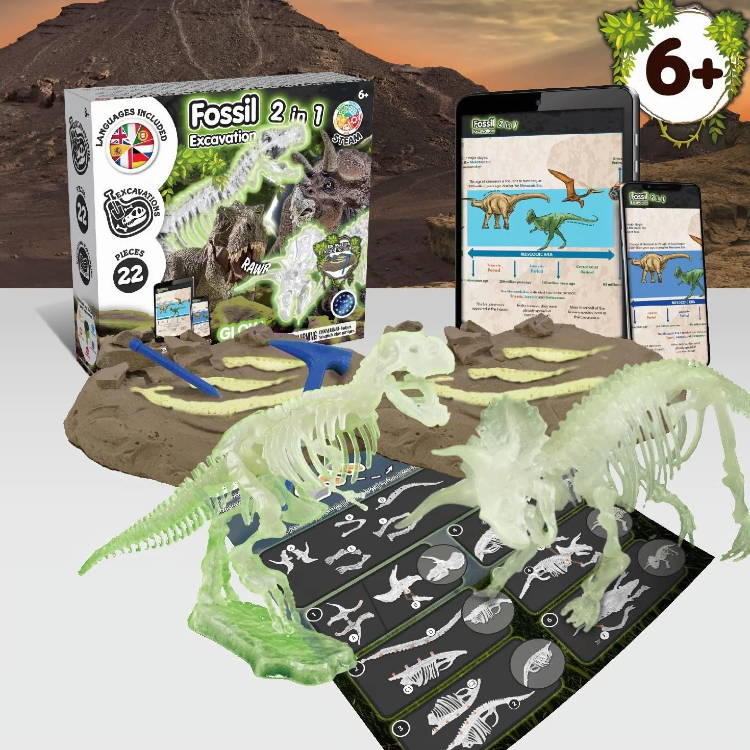Science4you Kit de Fouille de Fossiles 2 en 1 - Excaver et Assembler 2 Dinosaures Qui Brille dans l'Obscurité, 22 pièces: T-Rex et Triceratops