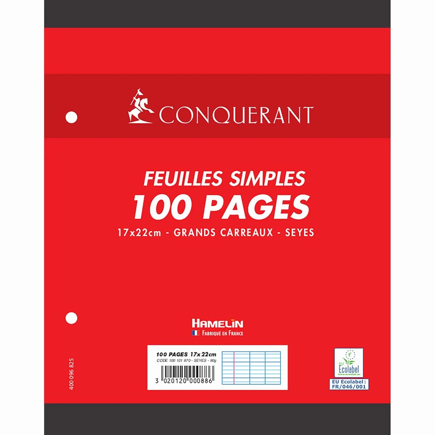 CONQUÉRANT Lot de 2 Feuilles Simples 17x22cm 100 Pages 90G Grands Carreaux Sous Film Blanches