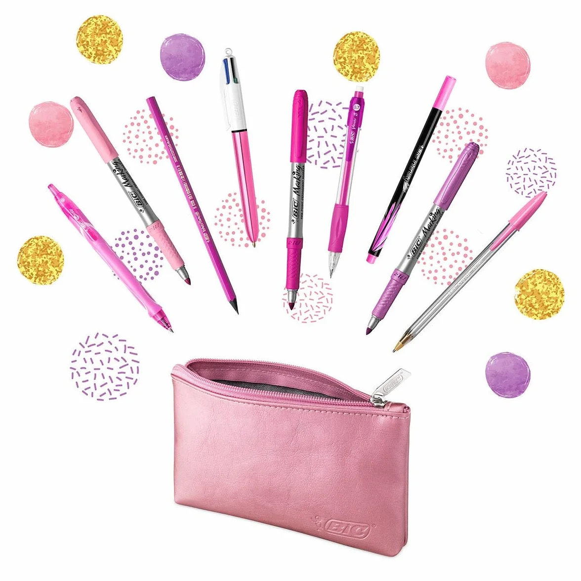 BIC Party Set - Trousse, Stylos-Bille, Stylo Gel Effaçable, Crayon à Papier, Stylo Feutre, Marqueurs Permanents, Porte-Mines
