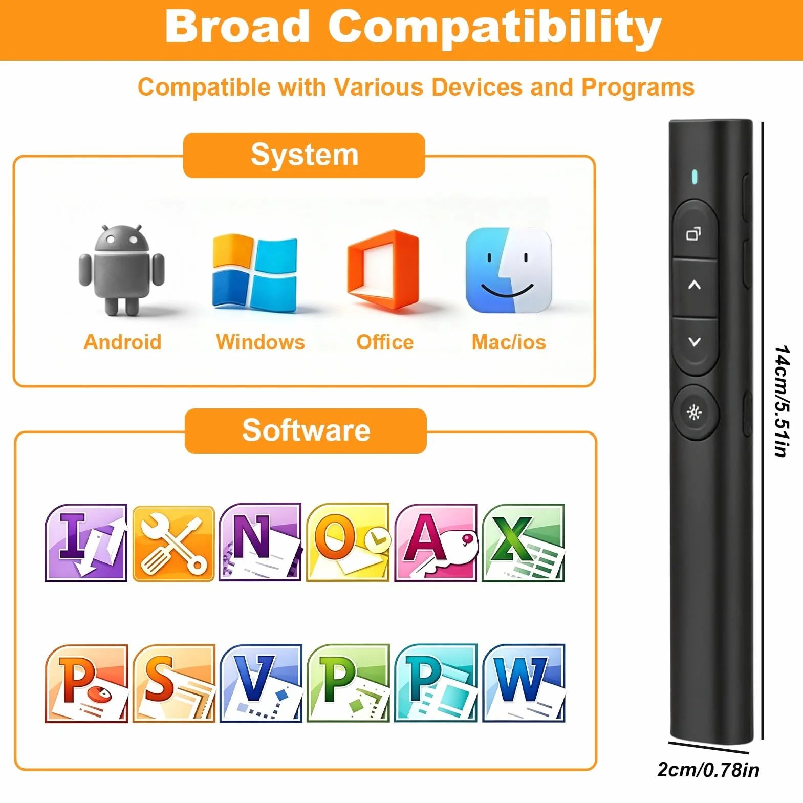 Télécommande Présentateur 2.4GHz USB sans Fil Rechargeable avec Hyperlien Contrôle du Volume pour Powerpoint Enseignement Bureau Mac PC Noir
