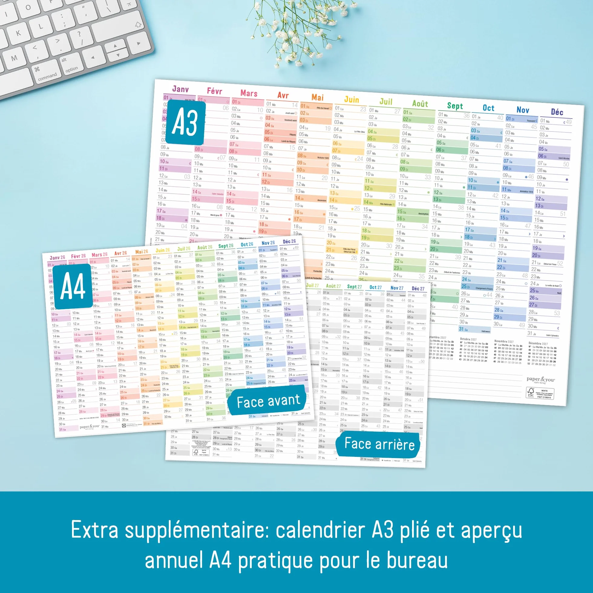 Calendrier mural 2026 A2 français 14 mois déc 2025 jan 2027 jours fériés France
