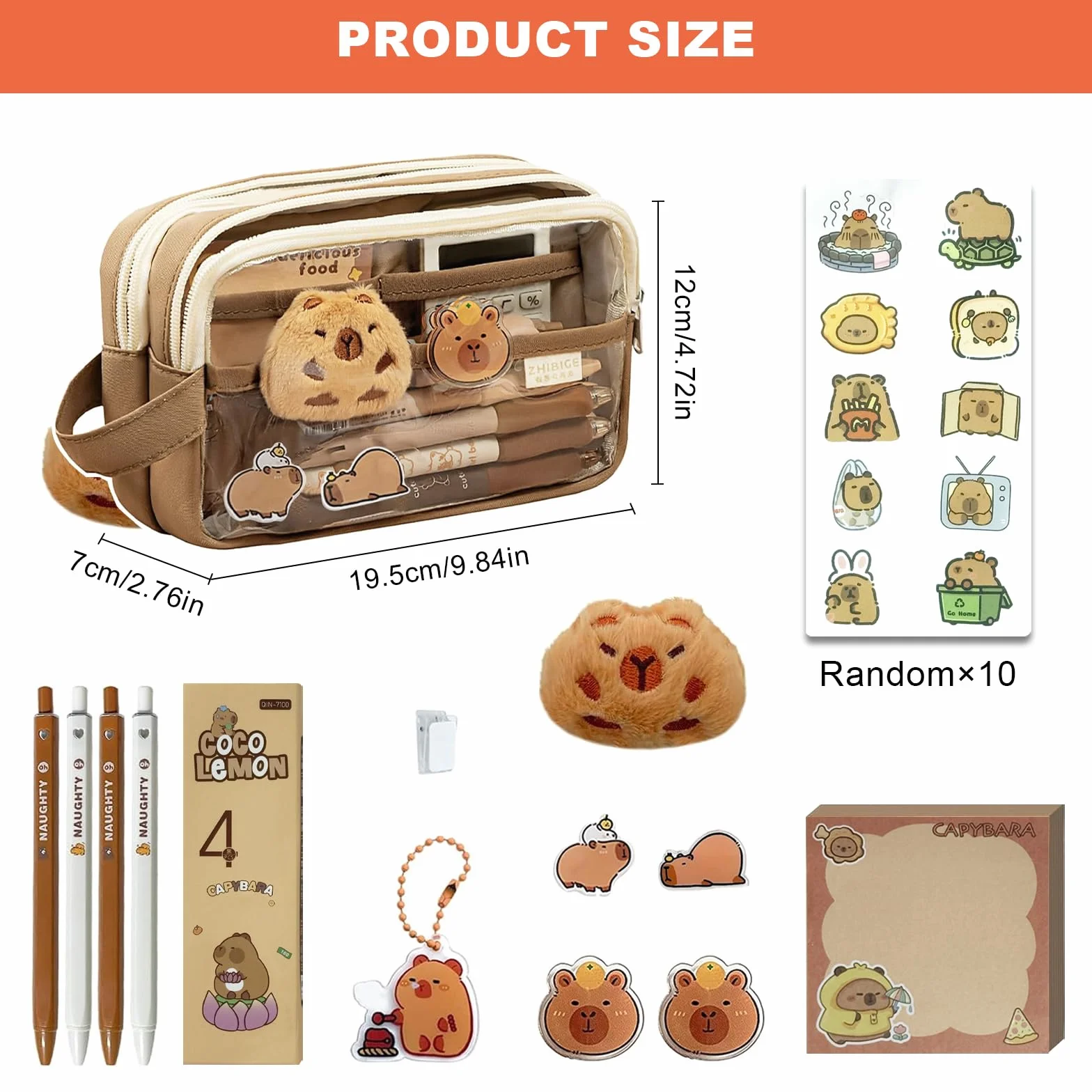 Trousse Capybara Ensemble Papeterie avec Stylo Autocollants Pins Porte-clés Blocs-Notes Grande Capacité Cadeau Fille Garçon