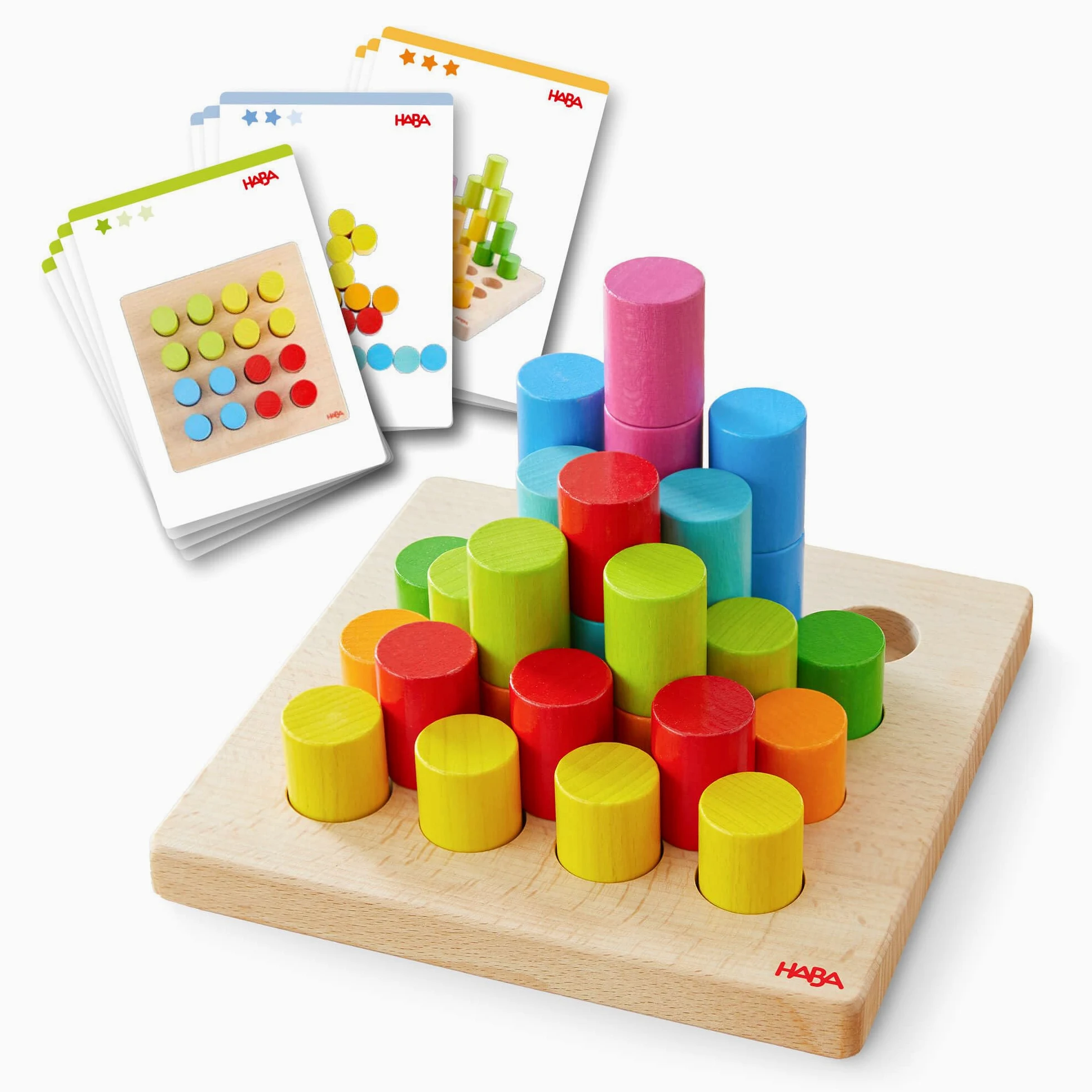 HABA 2012246001 Jeu de Construction cylindrique à emboîter - Jeu de motricité à partir de 2 Ans avec 30 Blocs de Construction en Bois colorés et 10 Cartes de modèle - Jouet éducatif pour Tout-Petits