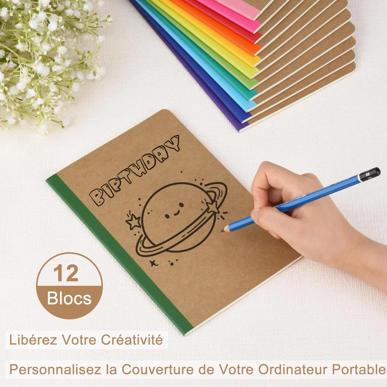Cahiers Lignés avec Dos Arc-en-Ciel, Lot de 12 Blocs Carnet de Notes, Couverture Kraft, 60 Pages