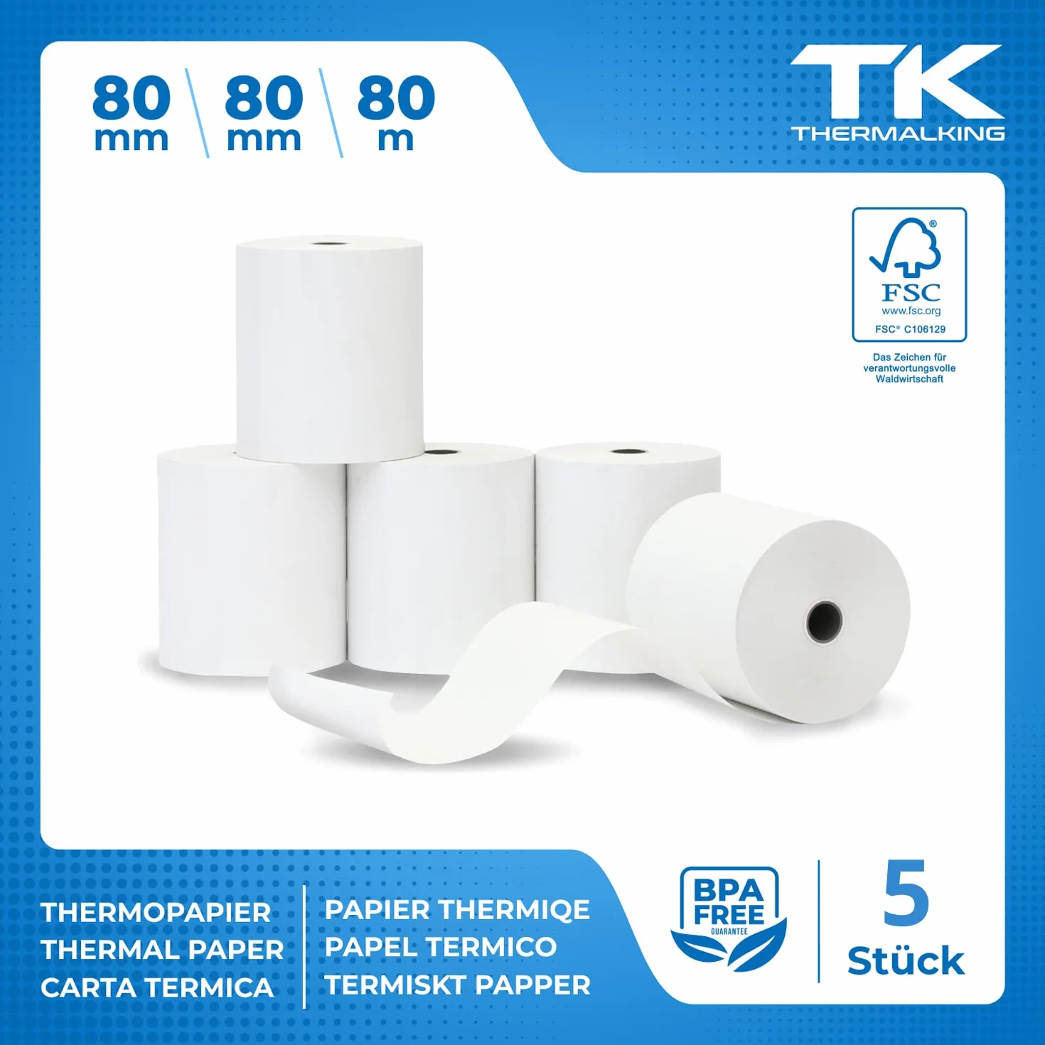 Rouleau Thermique 80x80x12 Sans BPA Bobine Thermique 80x80 pour Imprimante 80mm x 80m x 12mm 5x
