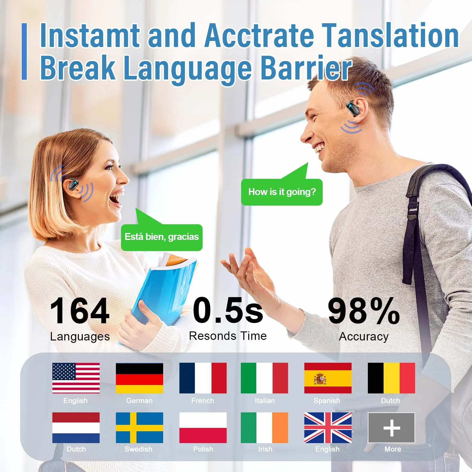Casque de traduction Conyat 164 langues AI temps réel Noir