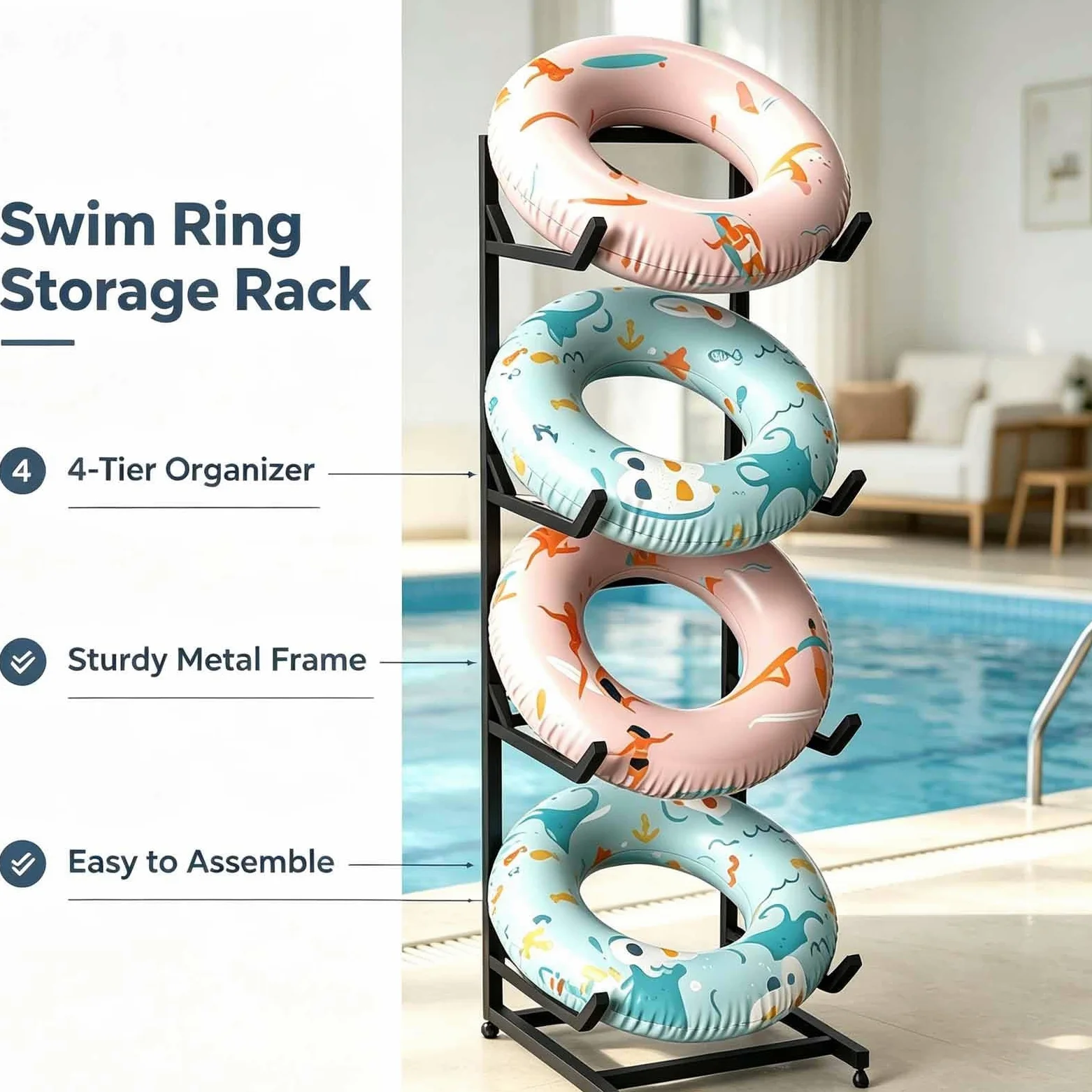 Organisateur de piscine pour bouées et jouets, support de rangement pour bouées et flotteurs, porte-serviettes à roulettes pour garage, balcon, piscine, terrasse, plage (noir, 60*50*170cm)