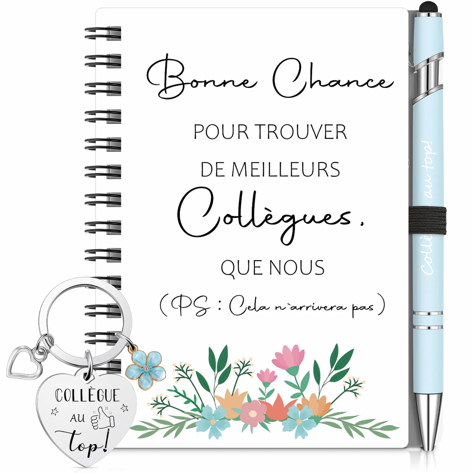 Sinmoe Cadeau Collègue de Travail Femme Remerciement Noël Set 3 Pièces Mini Carnet Spirale Stylo Bille Porte-Clé Départ Retraite Bleu Brume