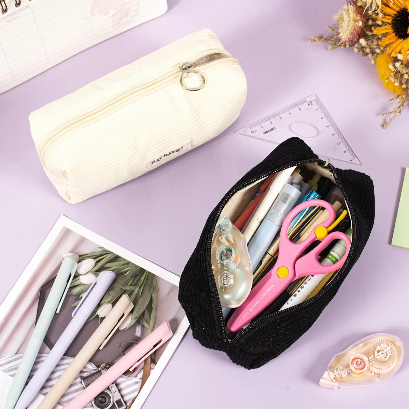 Zouwel Trousse Scolaire Kawaii Etui à Crayons Junior Velours Côtelé Noir