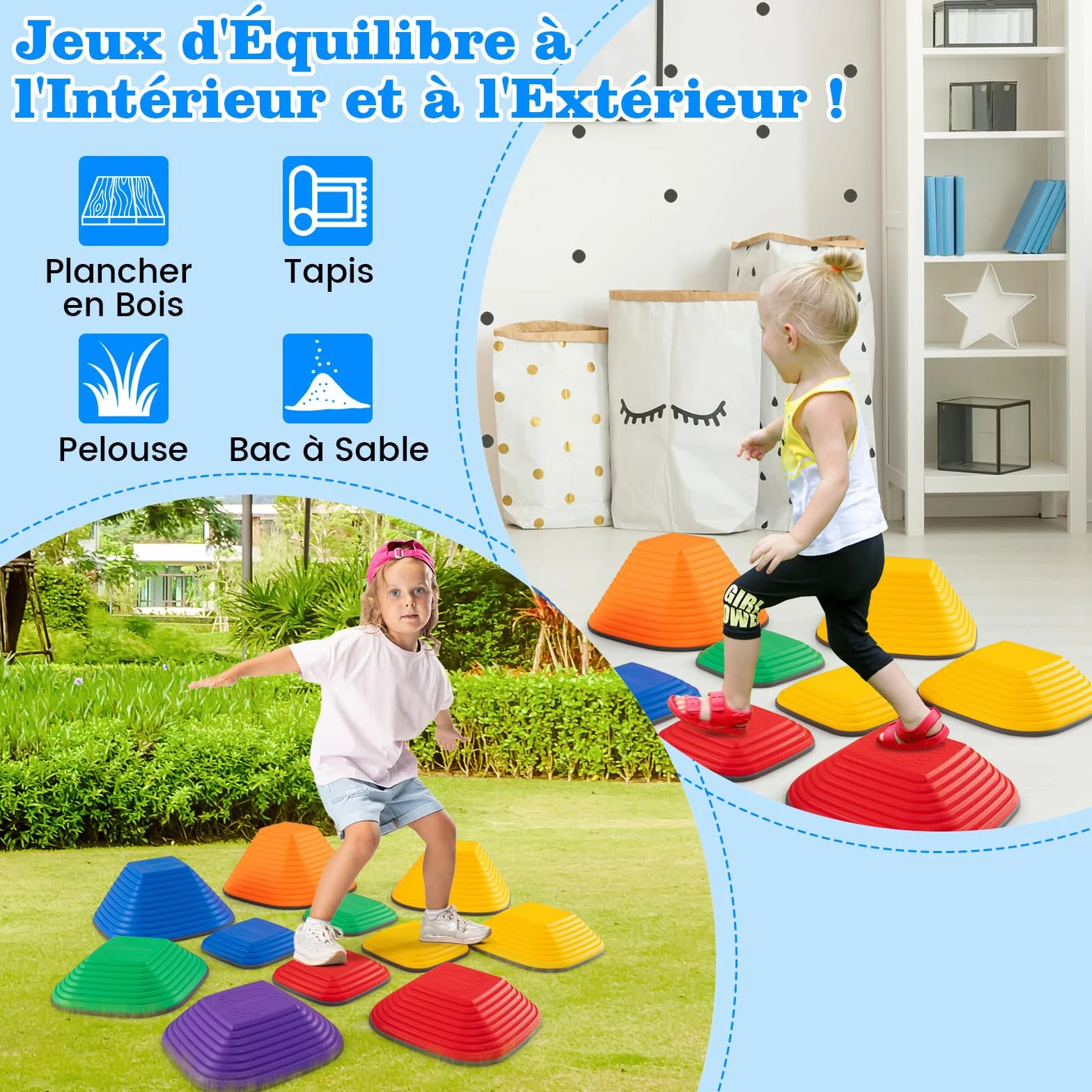 COSTWAY Pierres d'équilibre Empilables Enfant Bord TPE, Parcours Motricité Motif Antidérapant, Jouet Sensoriel Intérieur Extérieur, Charge 80kg 3 Ans+