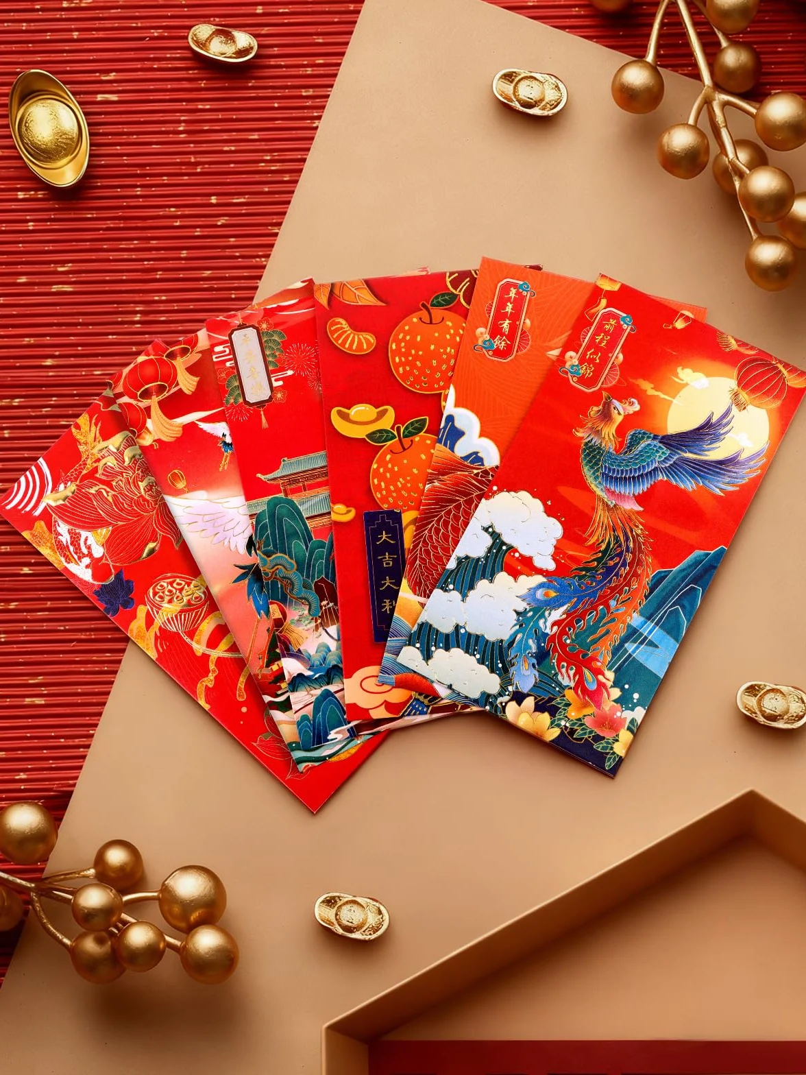 Lot de 60 enveloppes rouges porte-bonheur Hong Bao Nouvel An chinois motif bronze traditionnel