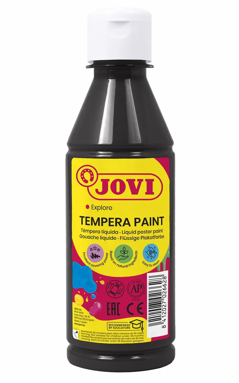 Jovi Gouache liquide Noir 250ml Peinture à base naturelle Facile à laver Sans gluten Usage scolaire