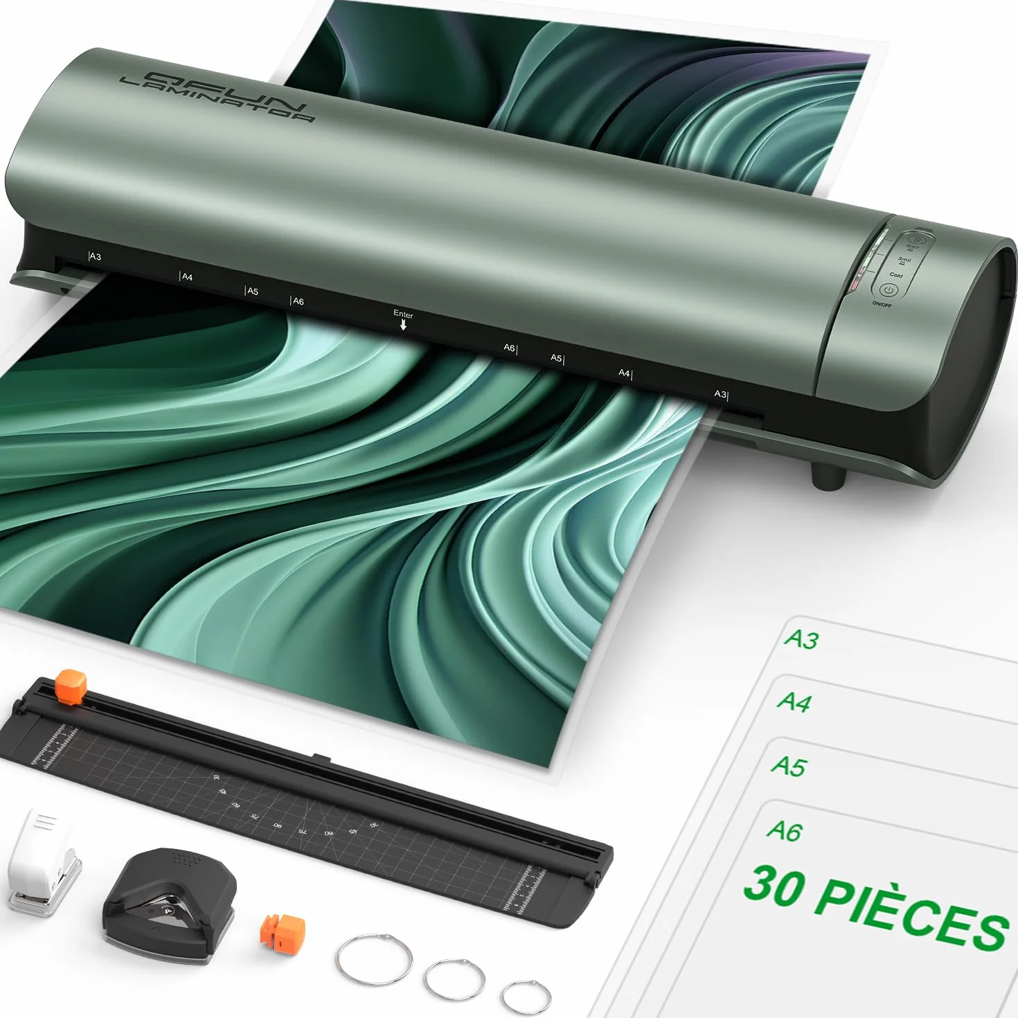 Plastifieuse A3 9 en 1 Chauffage Rapide Machine à Plastifier Thermique et Froid avec 30 Pochettes A3 A4 A5 A6 Papier Massicot Arrondisseur