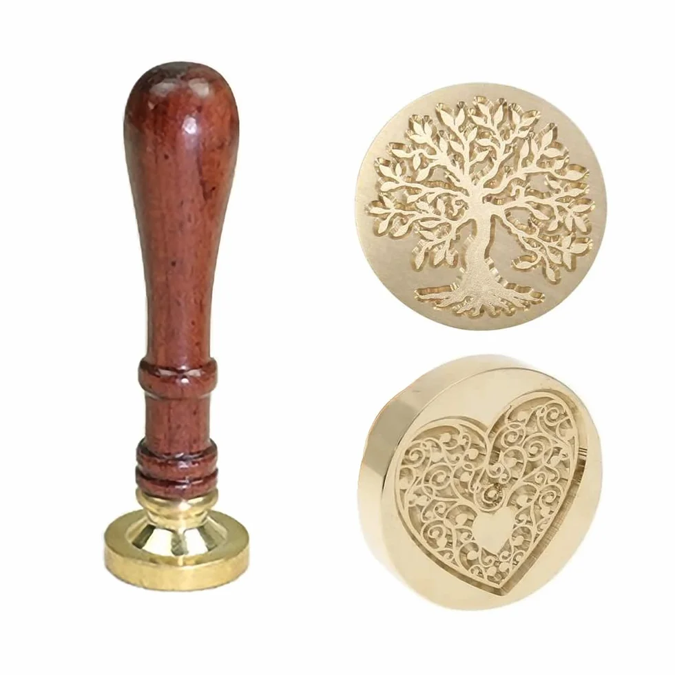 Tampon de Cire en Laiton 2 Pcs Vintage avec Poignée en Bois pour Carte, Invitation