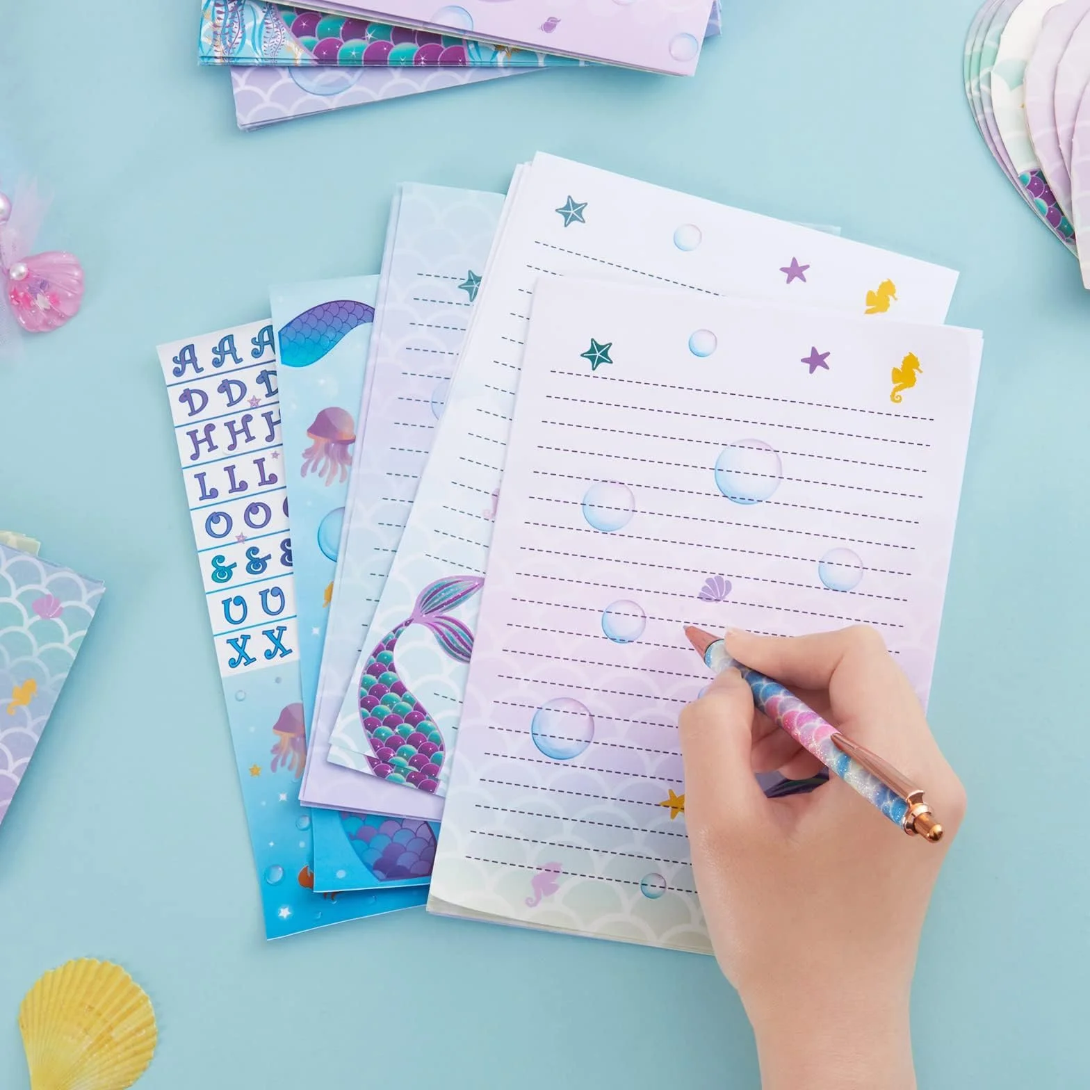 WERNNSAI Sirène Papier de Papeterie 71 PCS Enveloppes Cartes Autocollants Boite Cadeau