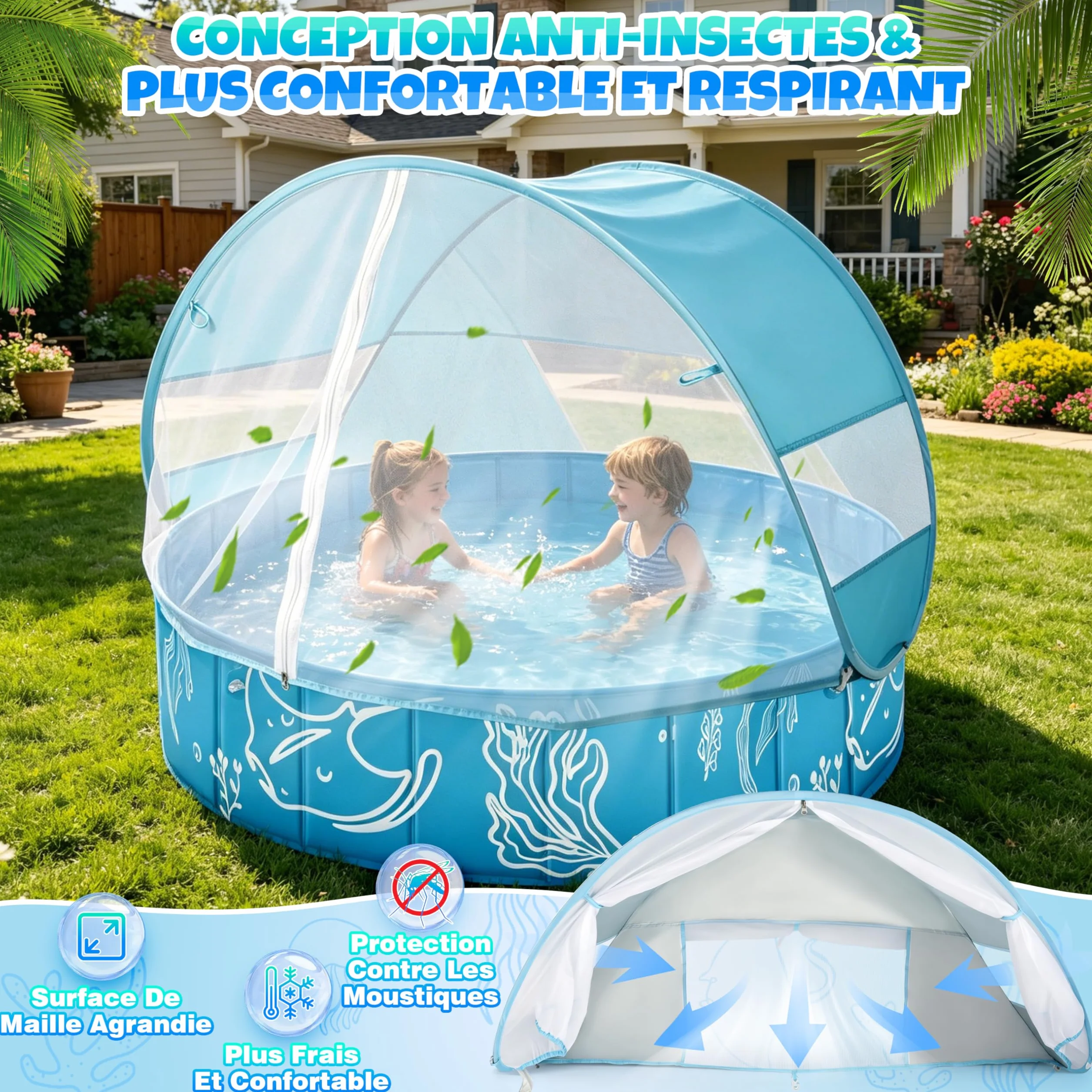 Piscine Bébé 4 en 1 120×30 cm Anti UV SPF50+ avec Auvent Pliable Tente de Plage Pour Jardin