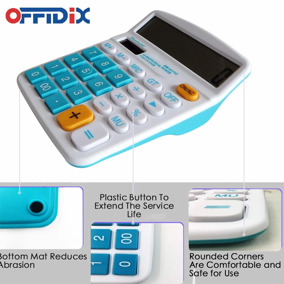 OFFIDIX Calculatrice Bureau Solaire et Batterie 12 Chiffres Grand écran LCD Bleu